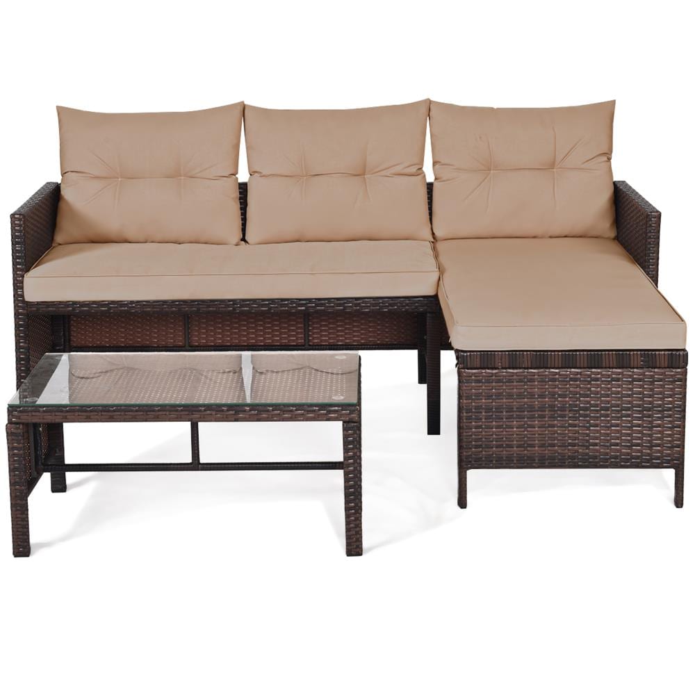 Costway Wicker Outdoor Sofa with Brown Cushions and Steel Frame