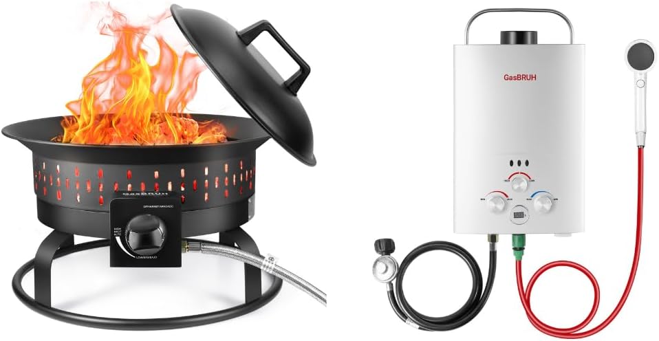 Tankless Water Heater Outdoor 19-Inch,60,000 BTU with Cover&Carry Handle,Fireplace,Gas Firebowl Smokeless & Outdoor Portable Propane Fire Pit