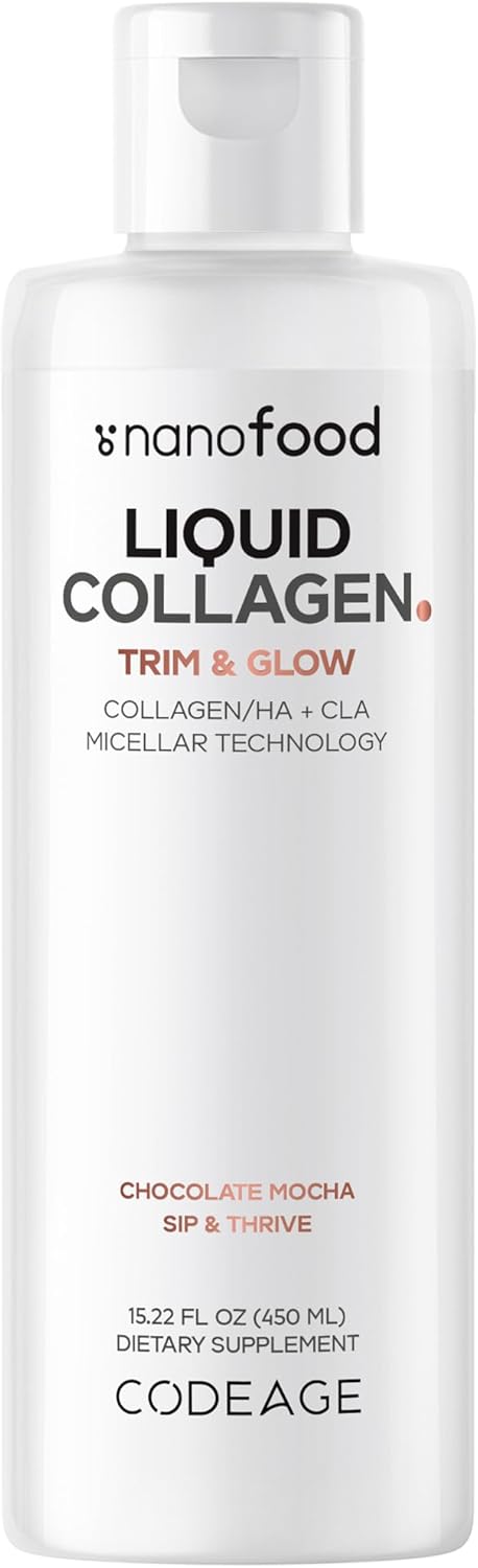 Codeage Liquid Collagen Supplement Chocolate Flavor, Beauty Trim & Glow Liposomal Collagen Peptides, CLA Conjugated Linoleic Acid, Hyaluronic Acid, Vitamin E, Hydrolyzed, Non-GMO, 15.22 fl oz