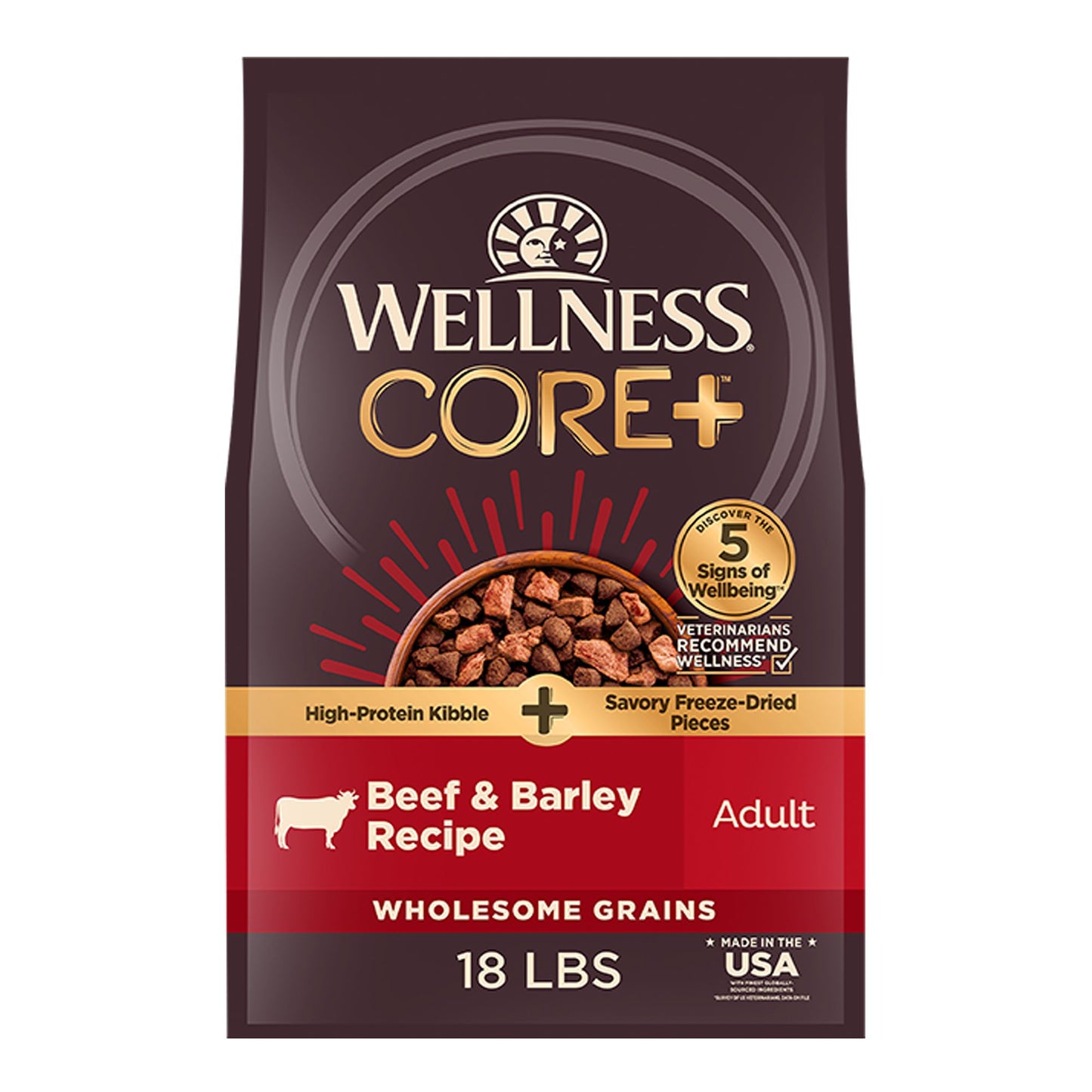 Wellness Core+ High Protein Kibble + Savory Freeze-Dried Pieces - Beef & Barley, Wholesome Grains 4 Lb