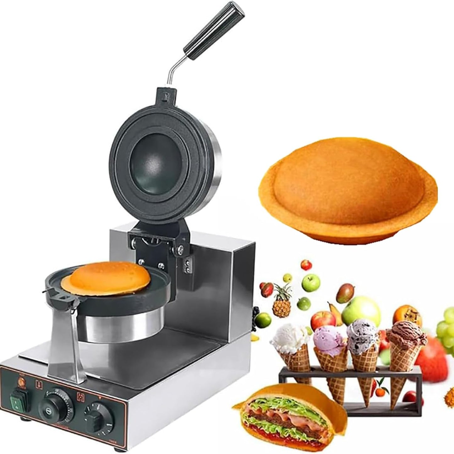 1300W Electric Burger Waffle Maker Hamburger Press Household Machine Non Stick Stainless Steel Ice Cream Waffle Baker Machine,for Home Use,Restaurant,Snack