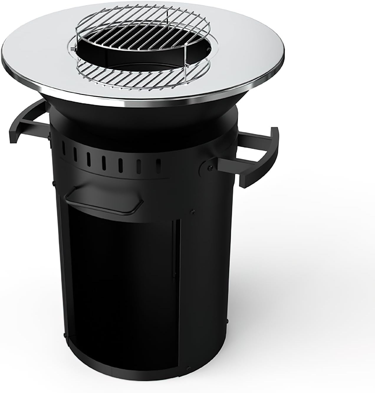 Outdoor Multi-Functional Wood Burning Fire Pit, Black Steel, 23.23x30.71 Inch, Stainless Steel Grill Top, Insulated Handle, Garden Stove with Storage