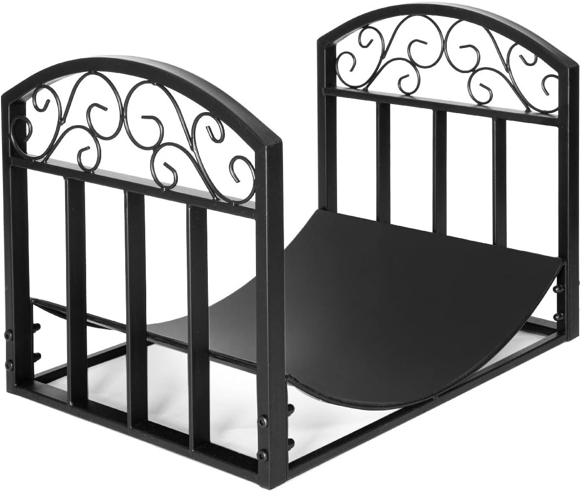 18" Wrought Iron Firewood Log Rack – Decorative Scroll Design Wood Holder for Indoor Fireplace, Black