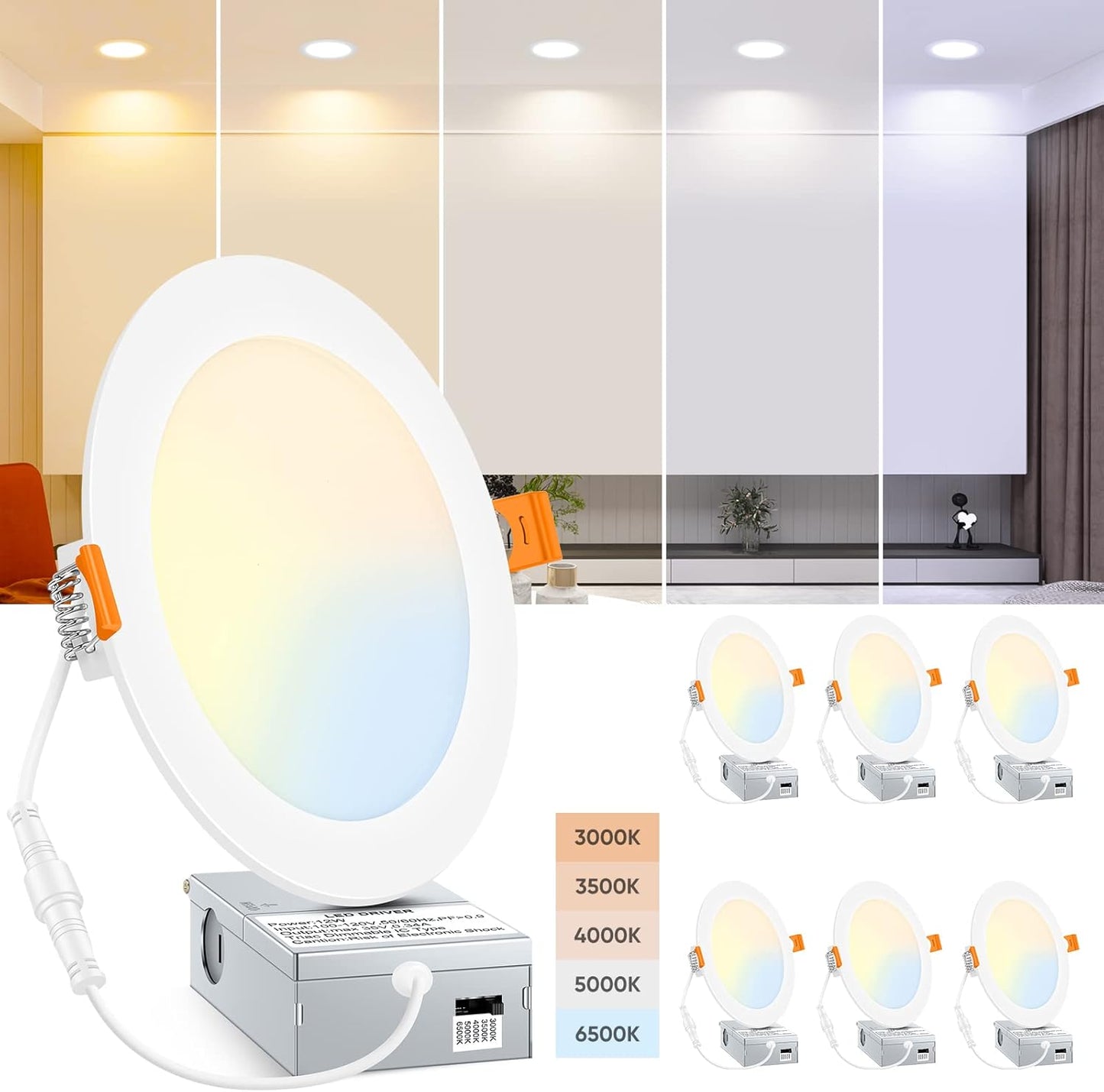 BesLowe 6 Packs 6 Inch 5CCT LED Recessed Ceiling Lights Ultra-Thin with Junction Box, 12W 150W Eqv, 3000K\/3500K\/4000K\/5000K\/6500K, 1200LM Dimmable Canless Downlights for Kitchen Hallway Dining Room