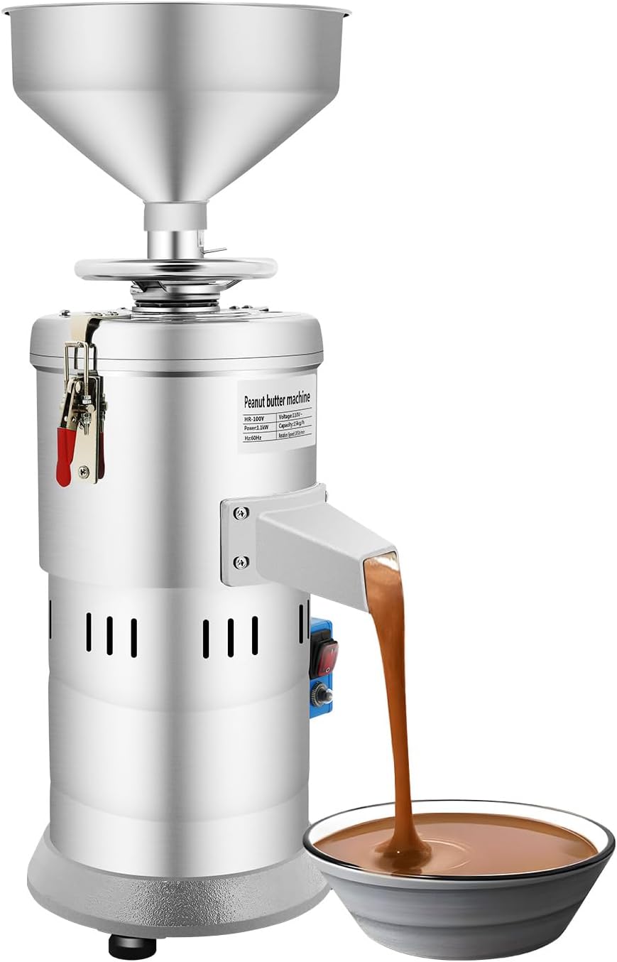 1100W Peanut Butter Maker Machine, 33lbs/h Stainless Steel Food Electric Grain Grinder Sesame Sauce Grinder Nut Butter Maker Home/Commercial for Groundnut, Almond, Cashew Nut, Sesame, 2850RPM