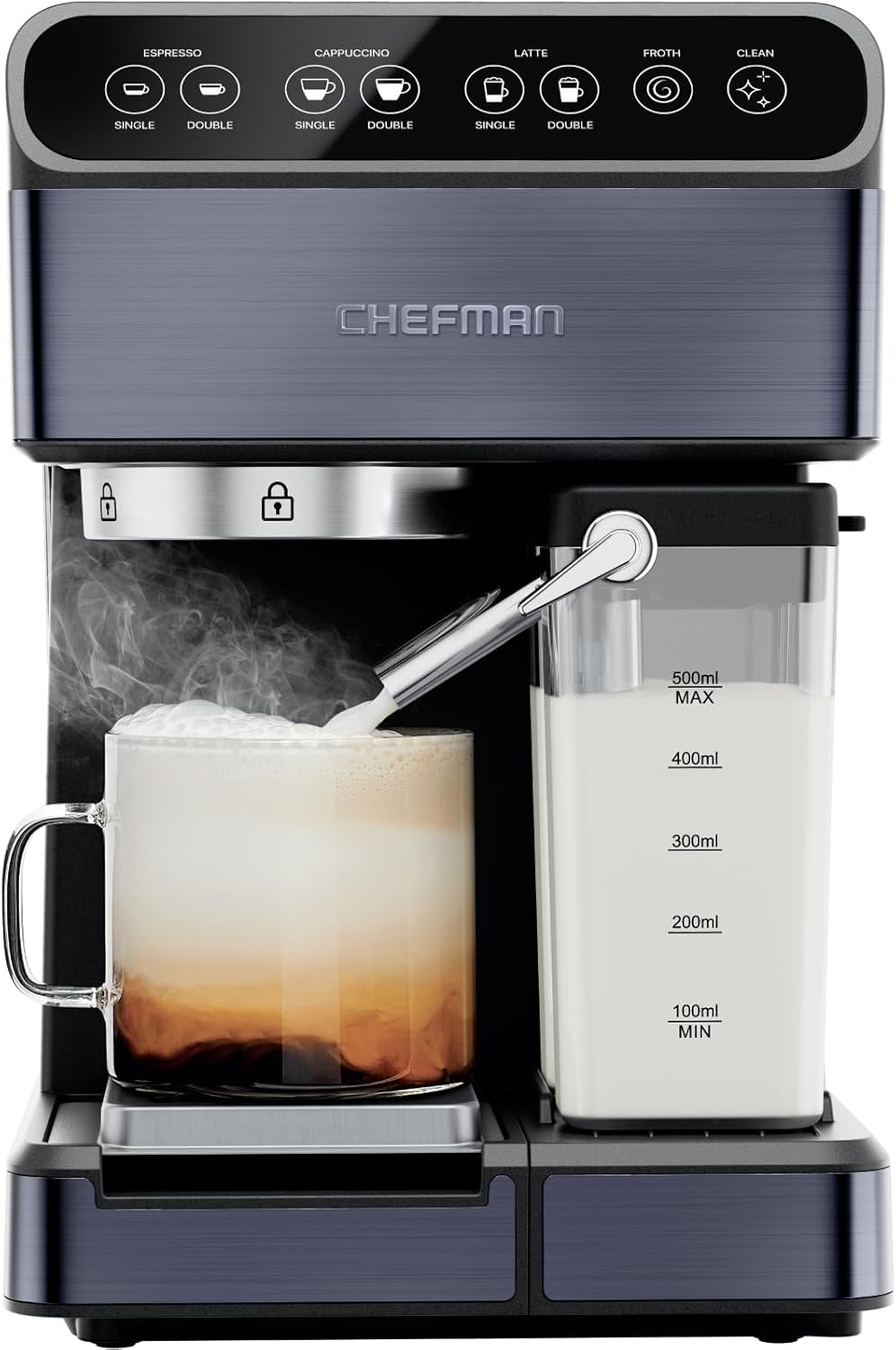 Chefman 6-in-1 Espresso Machine with Steamer, Automatic One-Touch Coffee Maker, Single or Double Shot Cappuccino Machine, Latte Maker, Espresso Maker with Milk Frother, Black