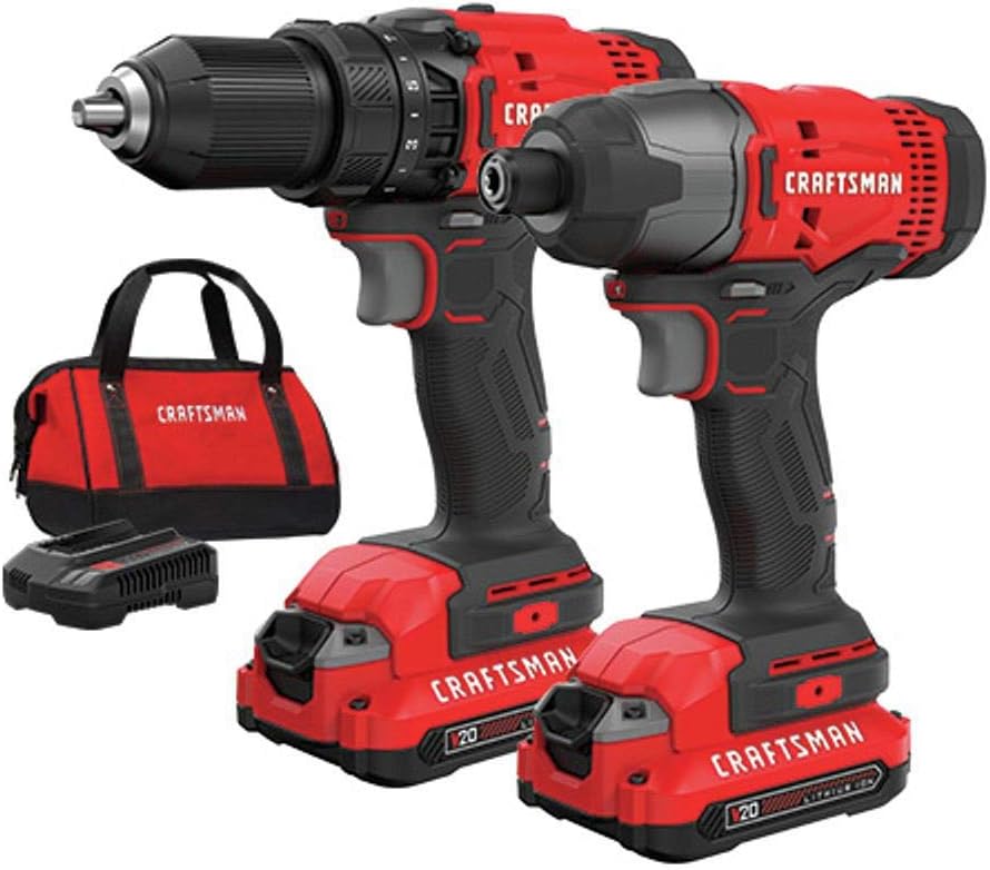 Craftsman CMCK200C2R 20V Variable Speed Lithium-Ion 1/2 in. Cordless Drill Driver and 1/4 in. Impact Driver Combo Kit (1.3 Ah) (Renewed)