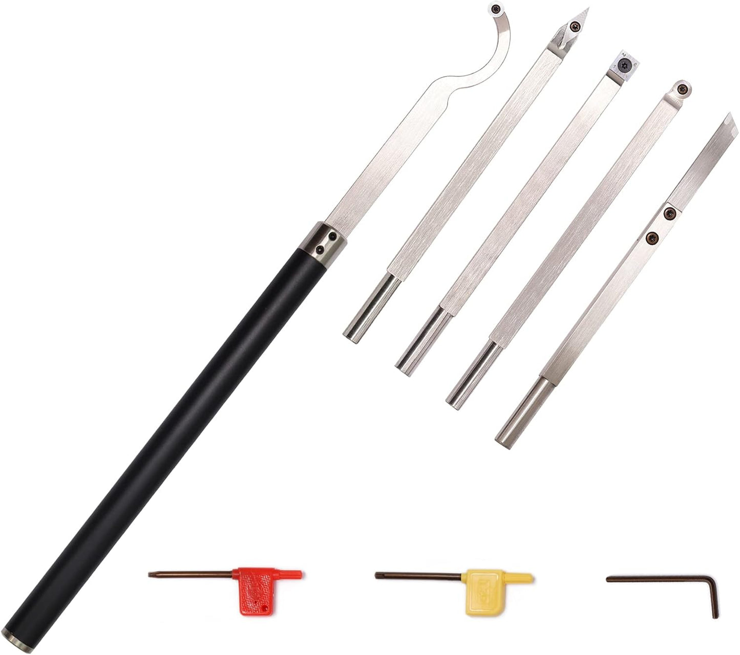 Carbide Tipped Wood Turning tools set Lathe Rougher Finisher Detailer Swan Neck Hollower Parting Tools and Interchangeable Aluminum Alloy Grip Handle with Diamond Round Square Carbide Inserts,6pcs