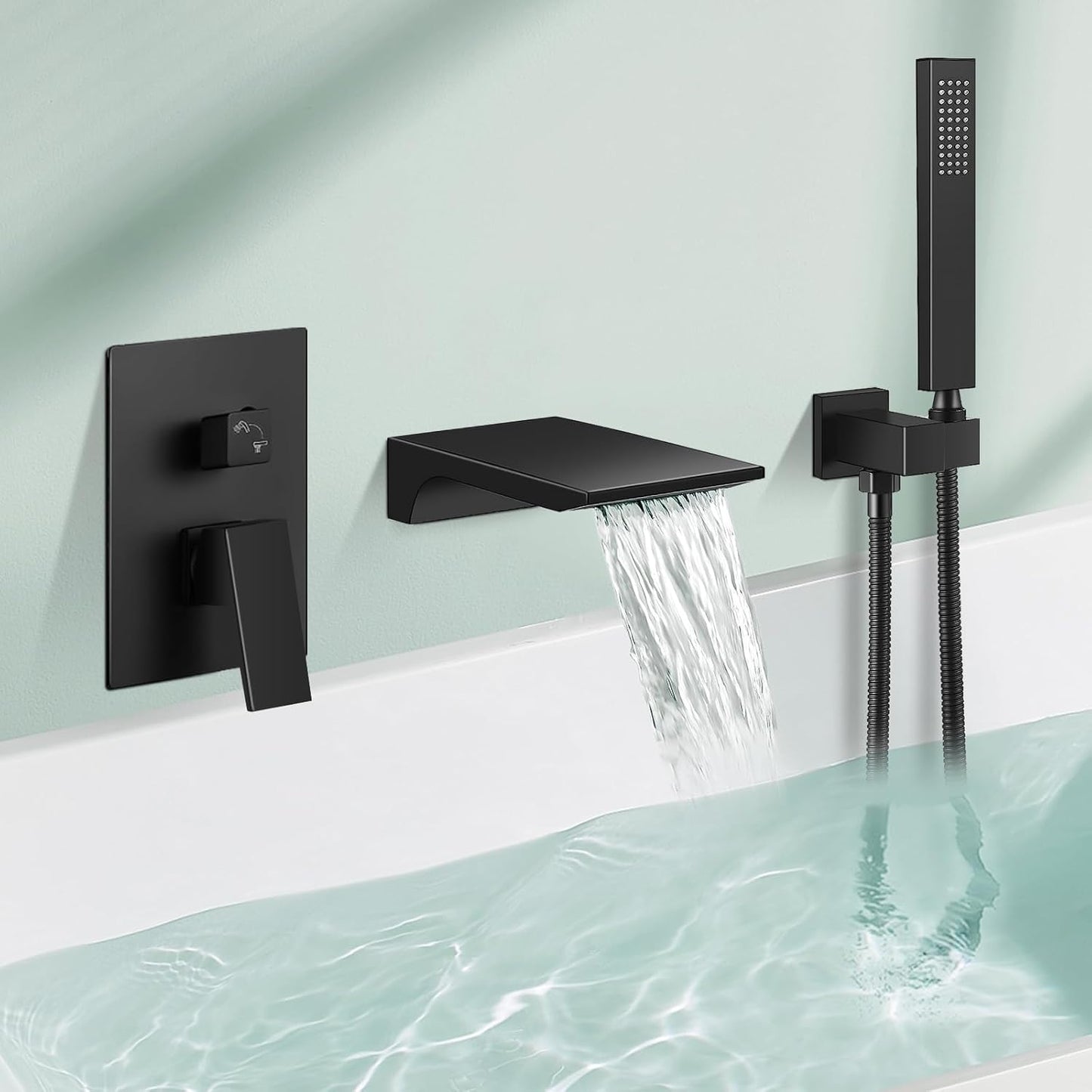 FAHKNS Wall-mounted Bathtub Faucet Black Matte, Bathtub Filler Faucet Solid Brass with Single Handle Handheld Shower and Water Pressure Balance Valve
