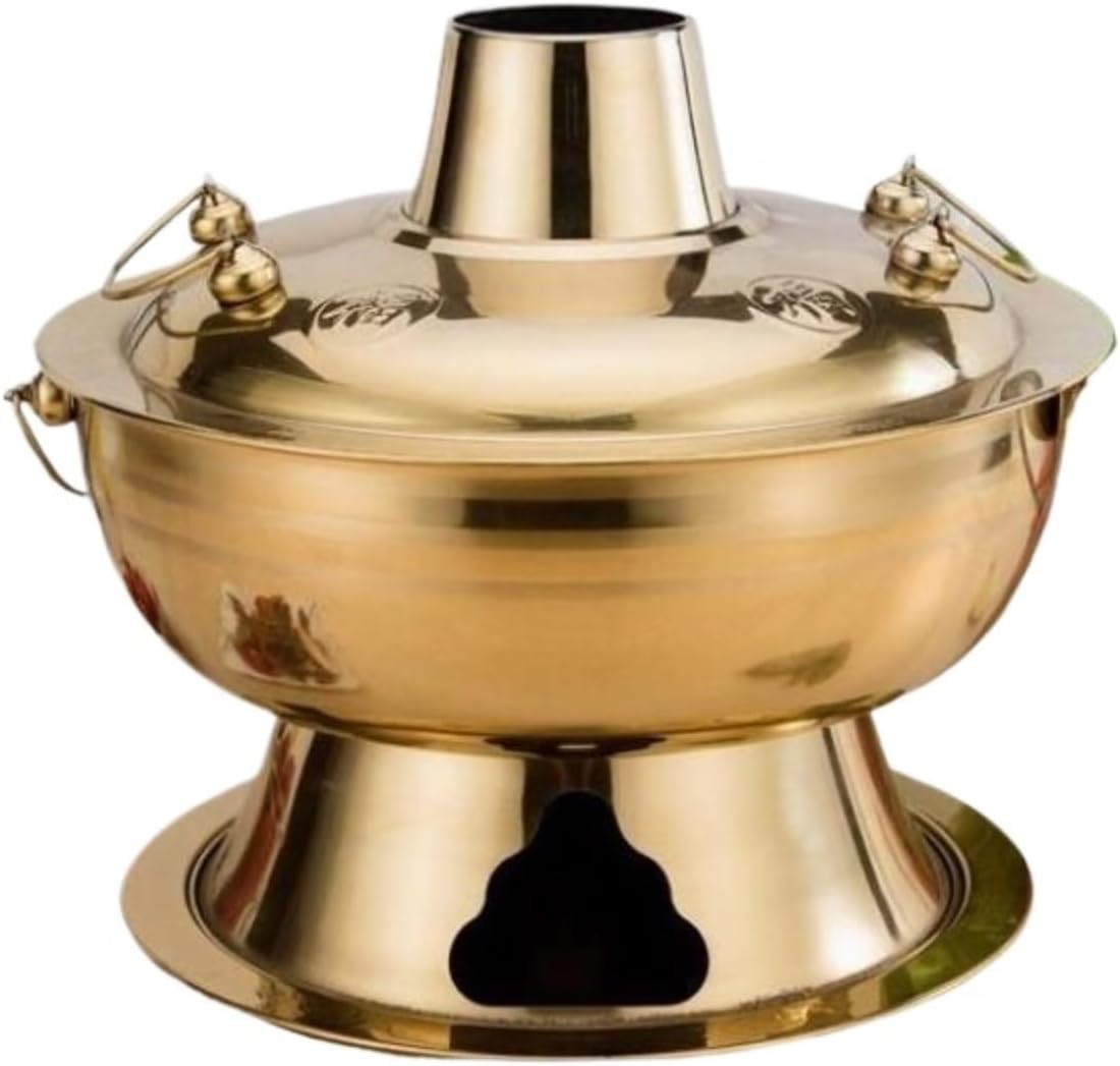 Copper hot pot, Hot Pot Cooker Chinese Hot Pot Stainless Steel Traditional Charcoal Heating Soup Cookware Chinese Hot Pot,A-28cm(Gold,34cm)