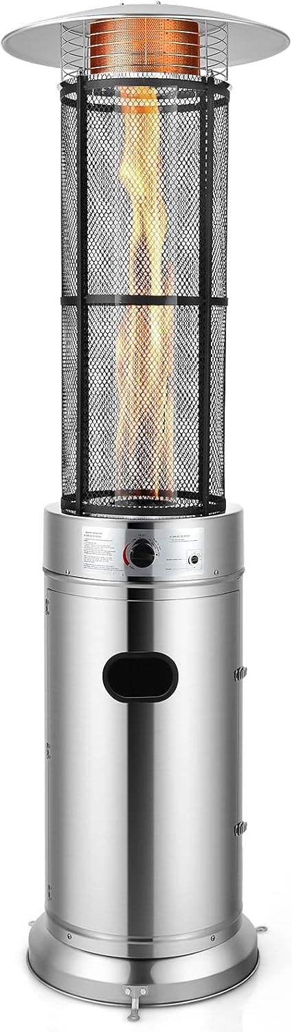 COSTWAY Outdoor Propane Patio Heater, 40,000 BTU Propane Heater with Dancing Flame, Portable Wheels, Stainless Steel Pyramid Floor-Standing Outdoor Heater for Balcony Backyard Garden, Silver