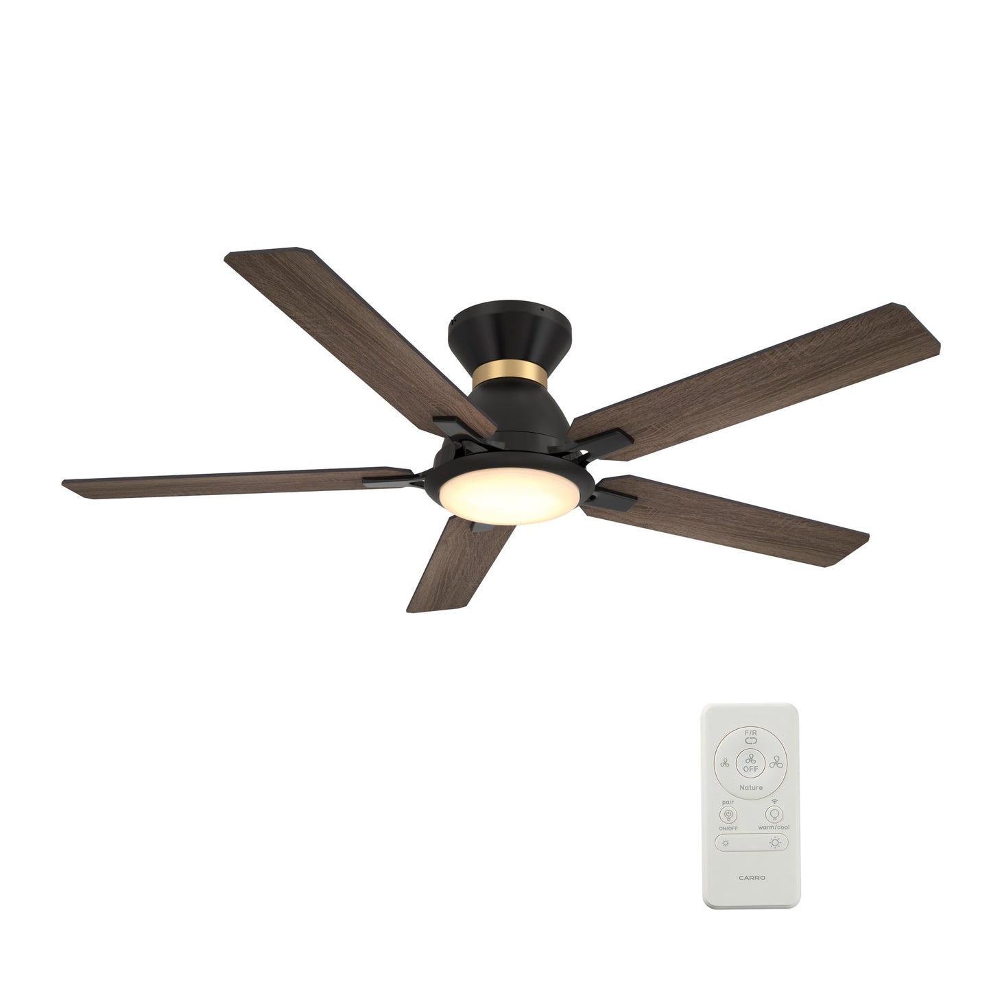 CARRO USA Essex 52-in Black with Wooden/Walnut Blades Indoor/Outdoor Flush Mount Smart Ceiling Fan with Light and Remote (5-Blade) LS525J-L12-BG-1-FMA