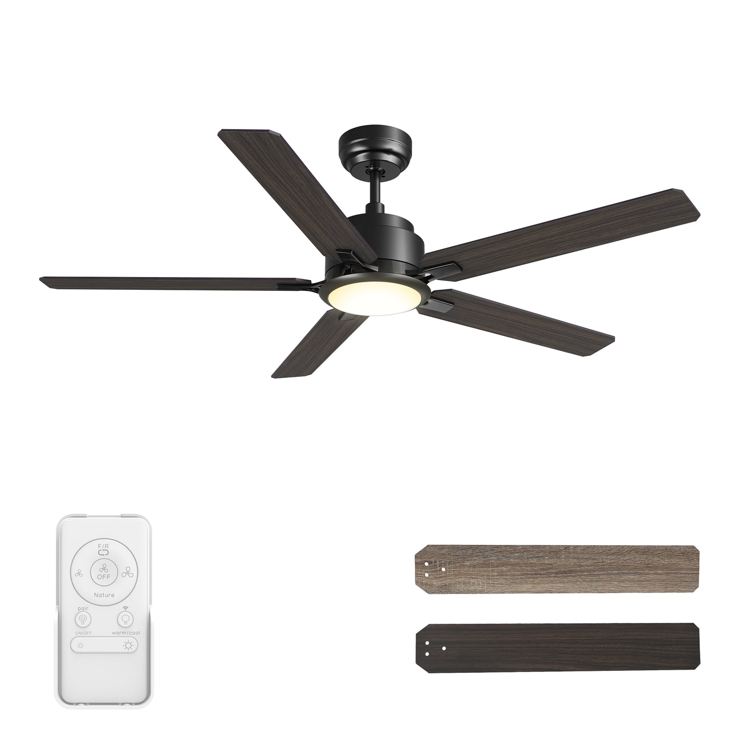 CARRO USA Essex 60-in Black with Wooden/Walnut Blades Indoor/Outdoor Smart Ceiling Fan with Light and Remote (5-Blade) LS605J-L12-BG-1