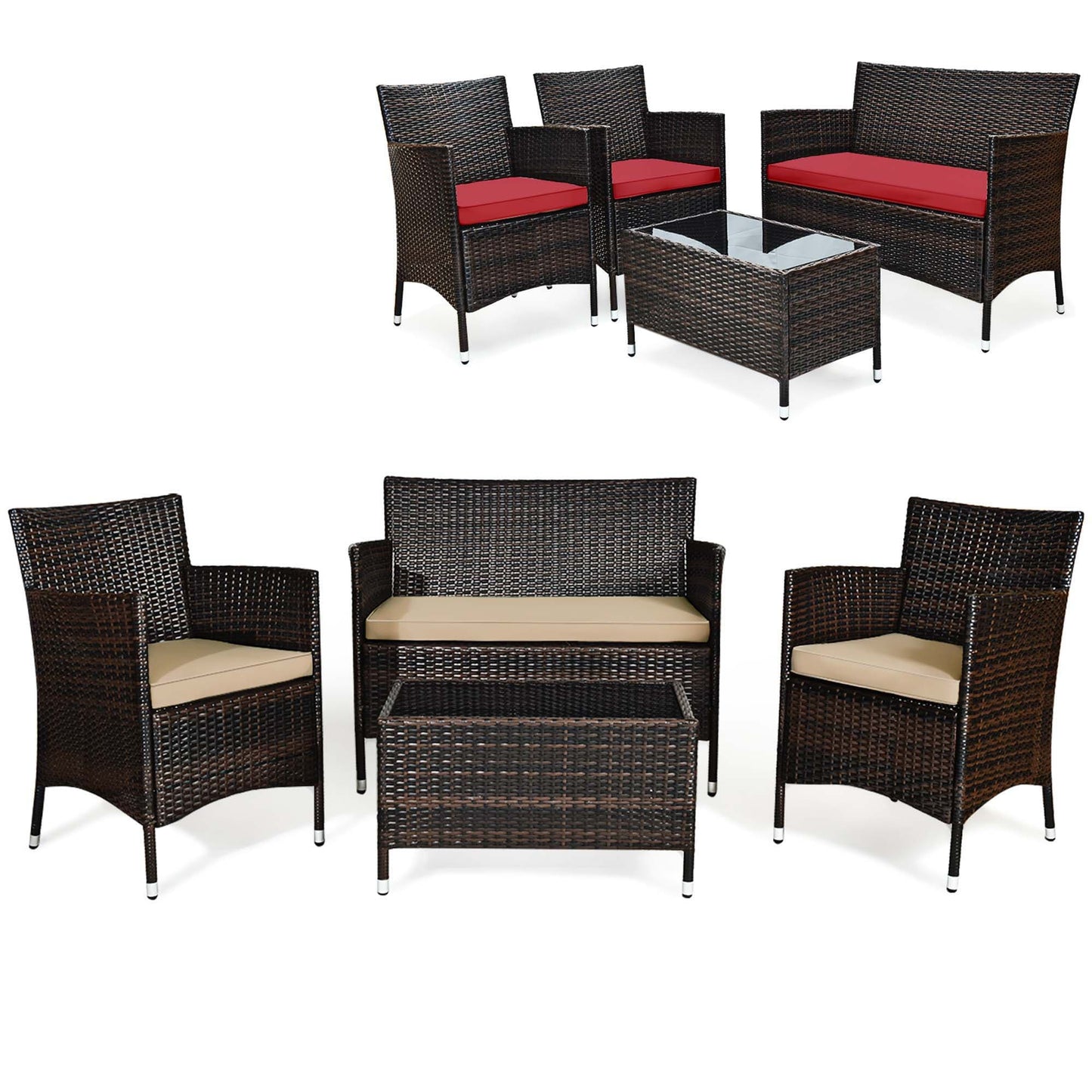 Costway 4 -Piece Rattan 2 Patio Sofa Conversation Set with Red Cushions