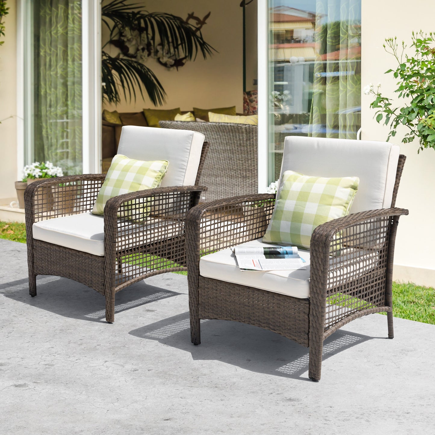 Nuu Garden Patio Chairs Set of 2 Wicker Brown Iron Frame Stationary Conversation Chair with Off-white Solid Seat