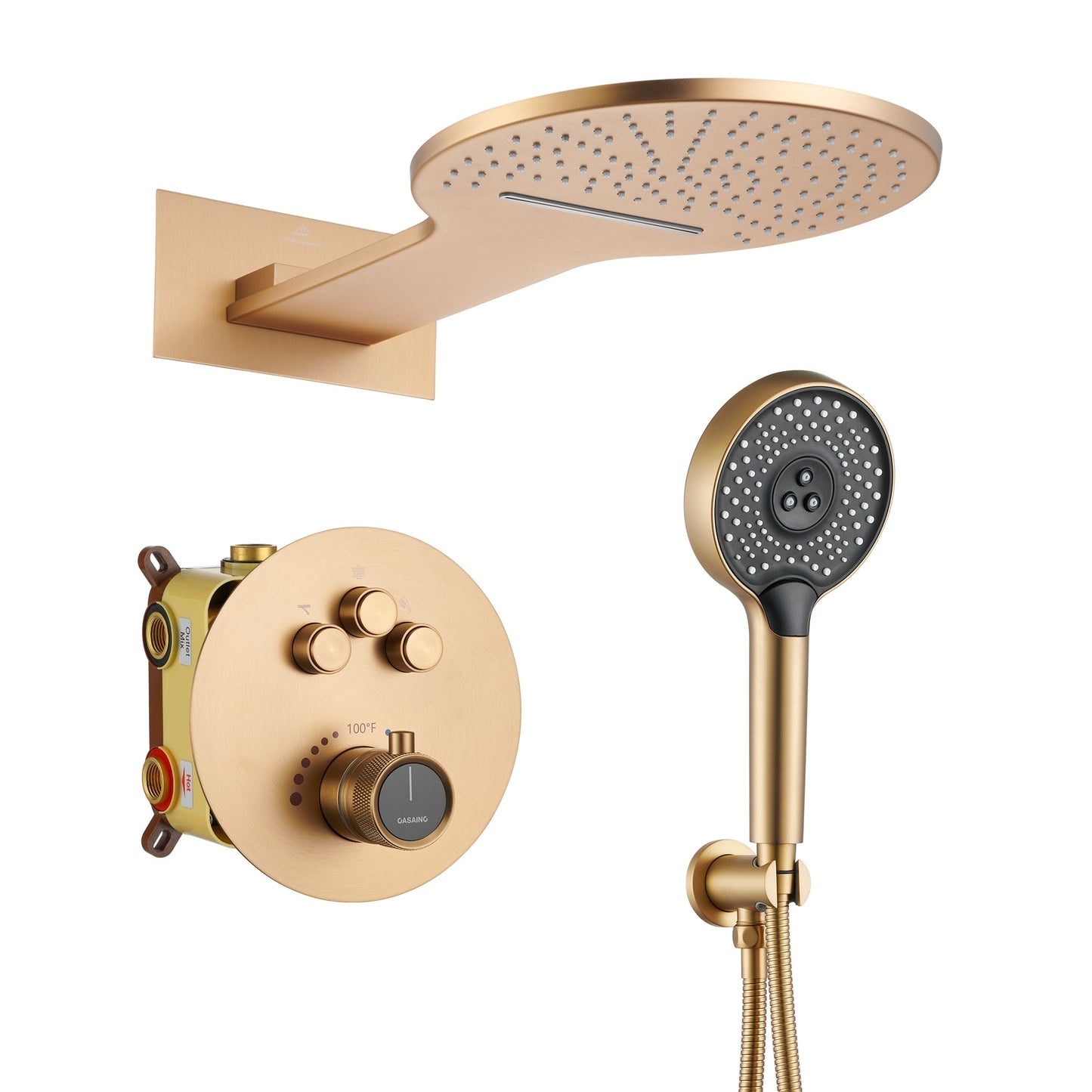 CASAINC Brushed Gold 22-in Waterfall Built-In Shower Faucet System with 3-way Diverter ( Thermostatic Valve Included )