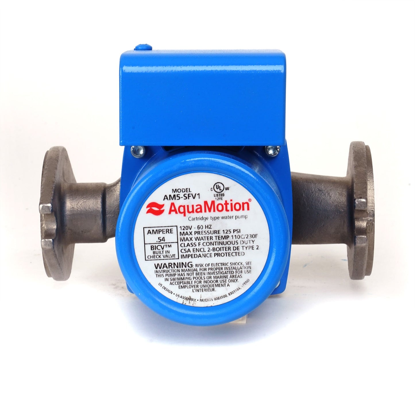 AquaMotion The AM5-SFV1 features 2 bolt flange connections lead free stainless housing built in check valve Max head 9ft Max GPM 16 single speed pump