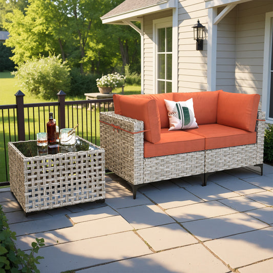 ALTRIGUS 3 -Piece Wicker Patio Sofa Conversation Set with Orange Cushions