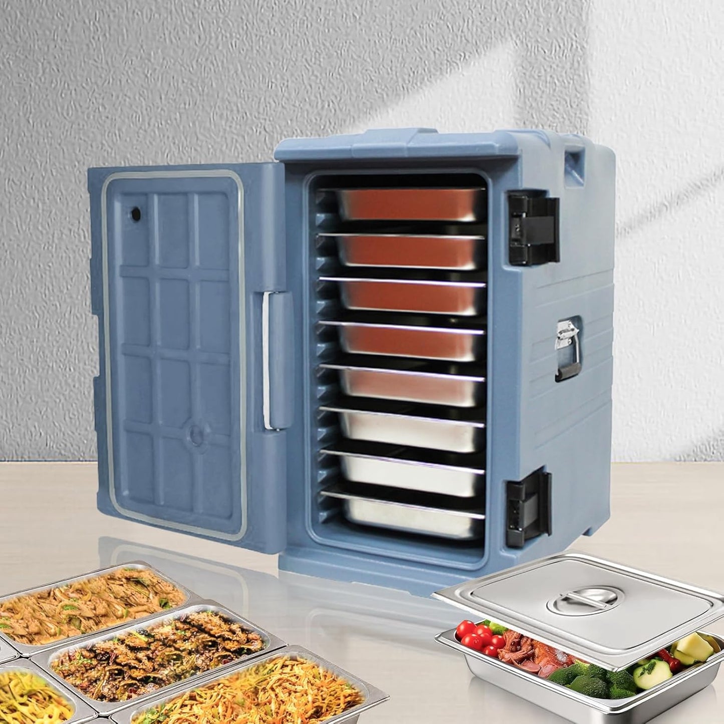 105QT Front end Loading Insulated Food pan Carrier, Catering Food Warmer. w\/8 H2.5 Hotel Pans w\/lid, Suitable for Gatherings, buffets, and Restaurants. (Light Gray, 105qt w\/8 Pans(H=2.5"))