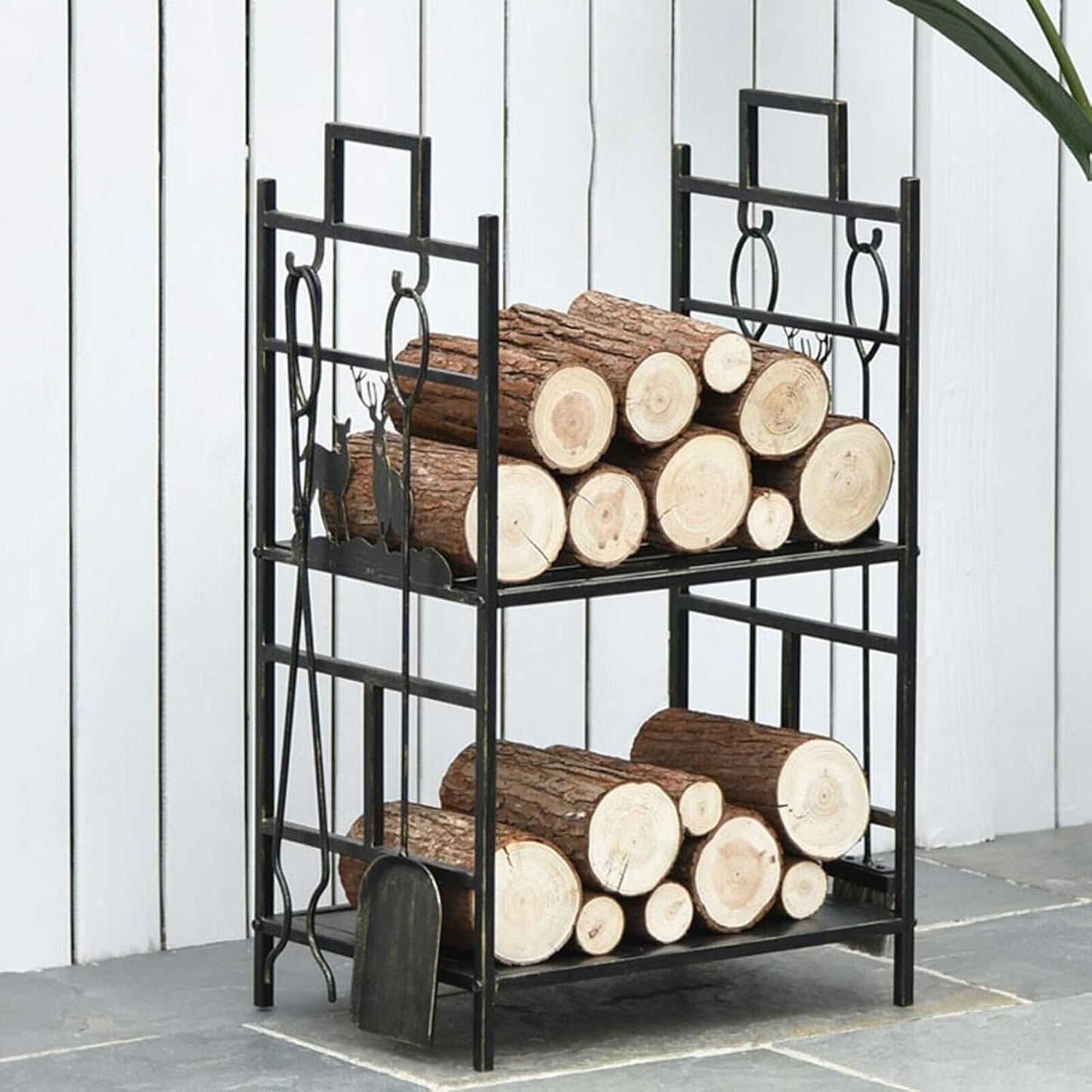 Double Layer Firewood Rack With 4-Piece Tool Set, Wrought Iron Wood Holder For Indoor & Outdoor Fireplace