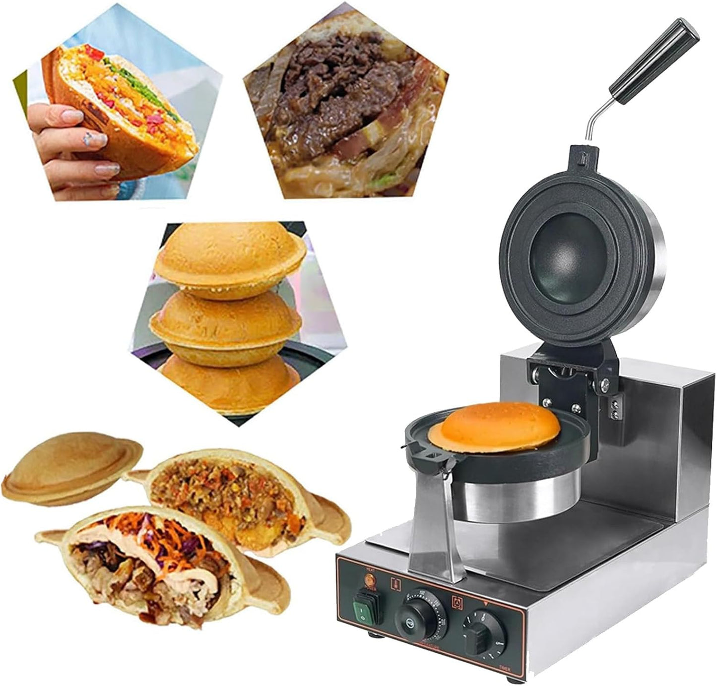 Commercial Electric Burger Waffle Machine 1300W Non Stick Press Burger Stainless Steel Machine for Home Party Bread Donut Heating Machine,for Bakeries, Restaurants