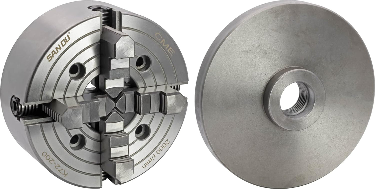 CME 8" 4-Jaw Independent Lathe Chuck with 1 1\/2"-8 Threaded Semi-Finished Backing Plate, Machine to Fit Chuck, Reversible Jaws