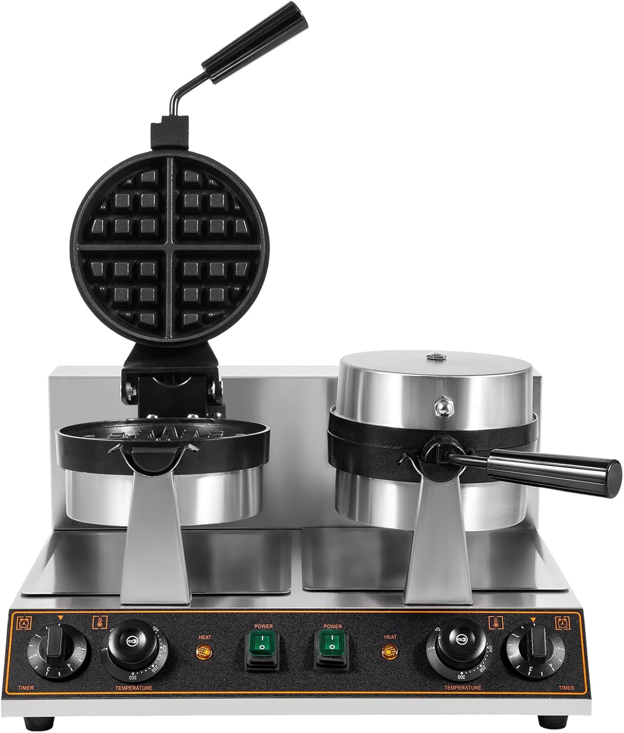 Commercial Waffle Maker, 110V 2600W 7" Dual Head Stainless Steel Rotating Round Belgian Waffle Maker Non-Stick Breakfast Maker Adjustable Temperature for Bakery, Restaurant, Snack Bar or Household