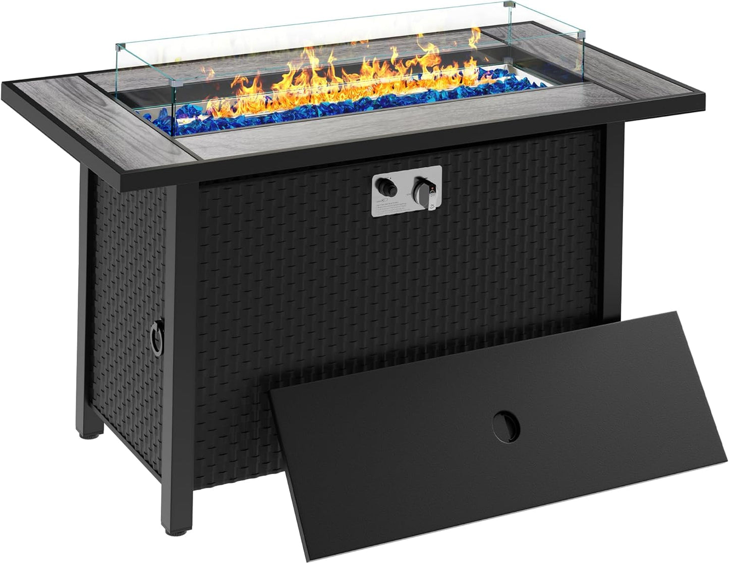 Meilocar 45in Fire Table, Propane Fire Pit with Glass Wind Guard and Rain Cover, Outdoor Firepit Table 50000 BTU 3-in-1 Fire Table for Patio\/Yard\/Balcony, Gray Tabletop