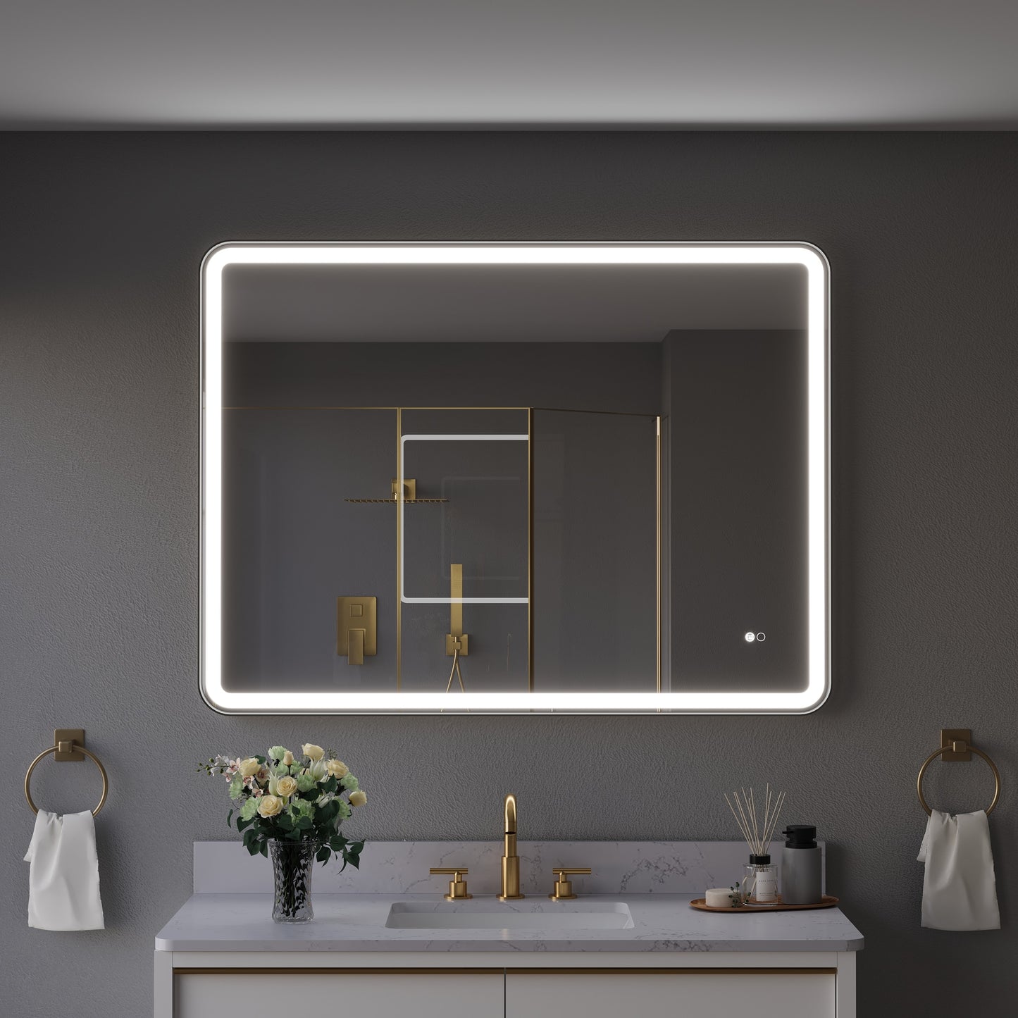 CALVON 48-in x 36-in Framed Rectangle Dimmable LED Lighted Fog Free Bathroom Vanity Mirror ( Black )