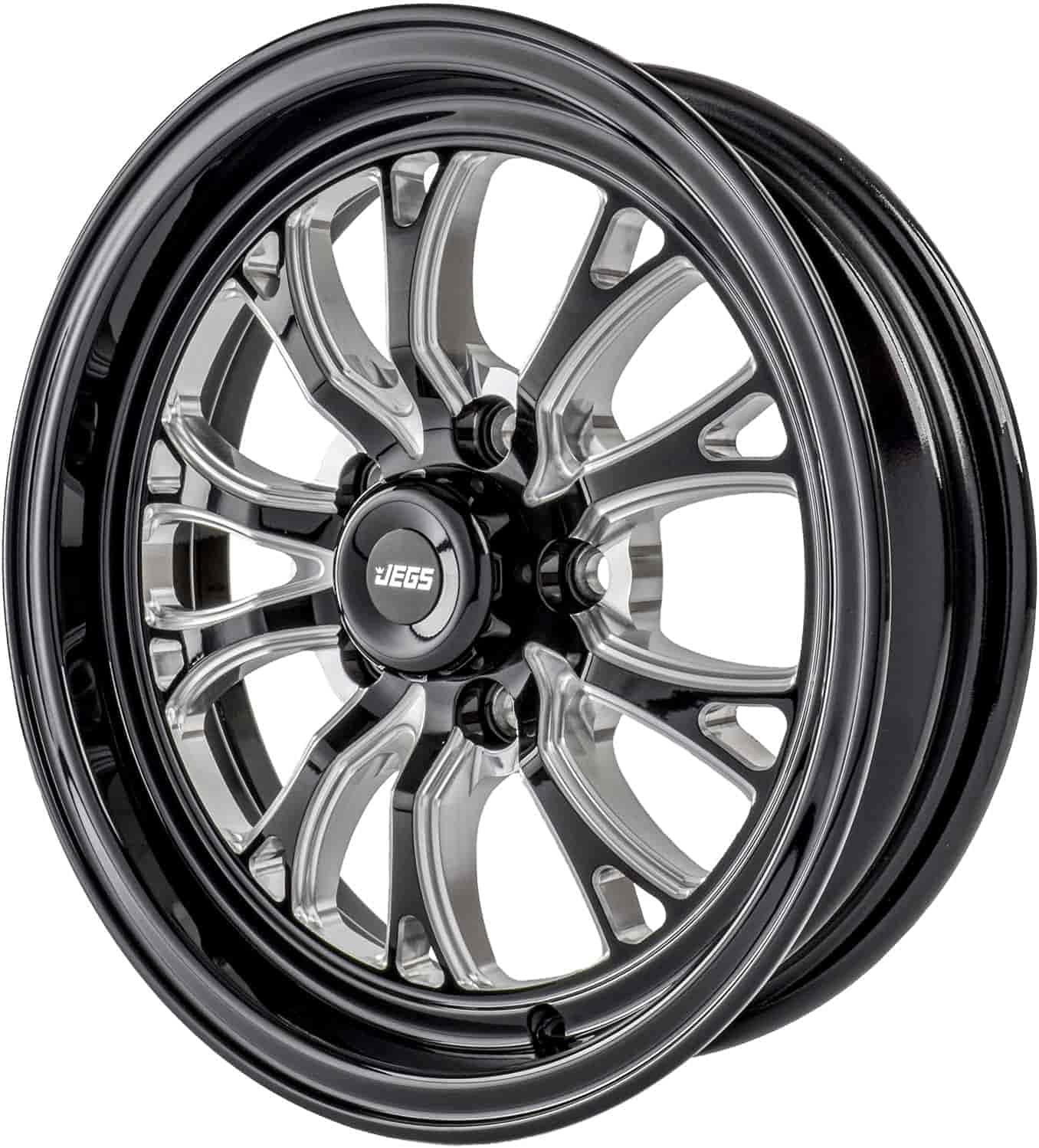 JEGS SSR Spike Wheel 15 x 4 | 5 x 4.5” Wheel Bolt Pattern Spacing | -19 mm Offset | 1.75” Backspacing | Gloss Black with Milled Spoke Accents | 3.27” Center Bore