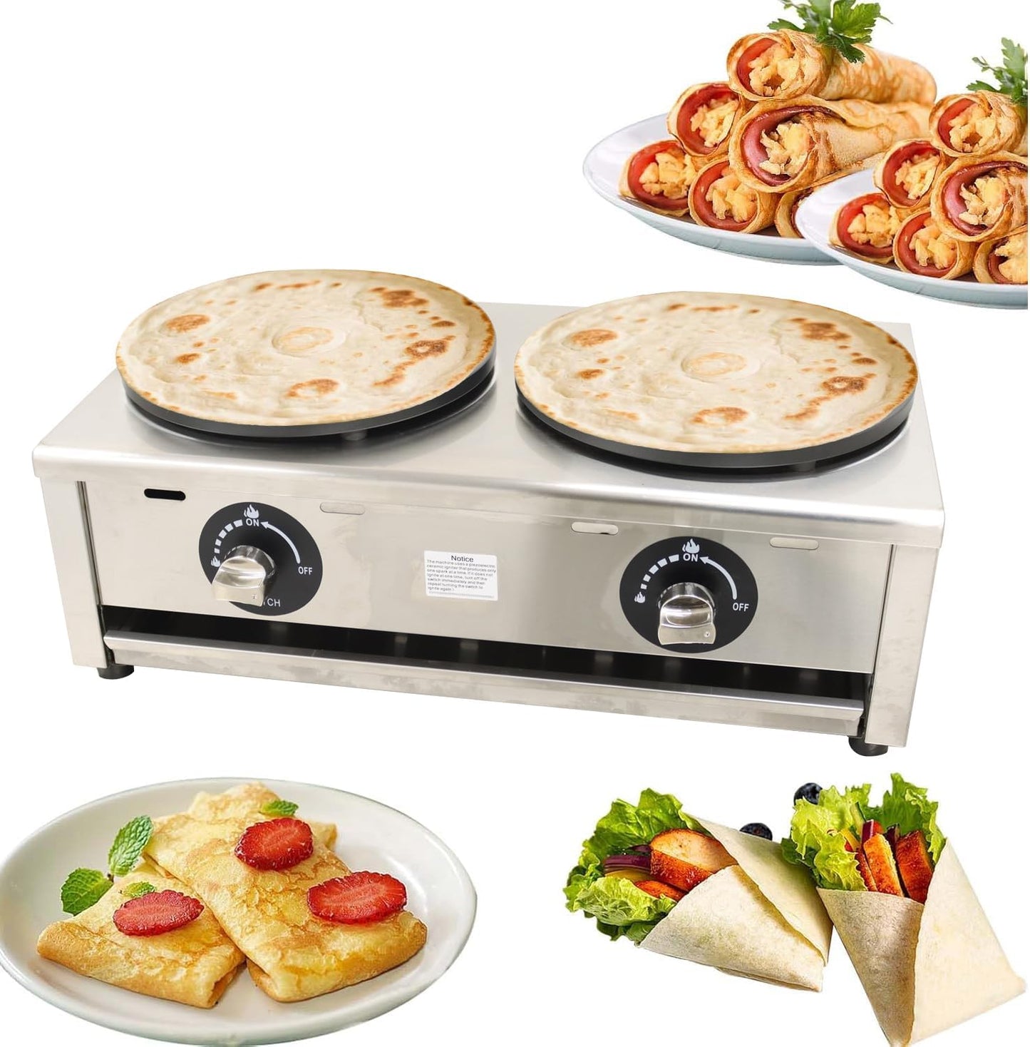 Commercial Dual-head Gas Crepe Maker, Pancake Griddle Machine with 2800Pa Low Pressure Valve, Gas Crepe Machine with 15.75" Diameter Plate, Non-Stick and Easy to Clean, for Versatile Cooking