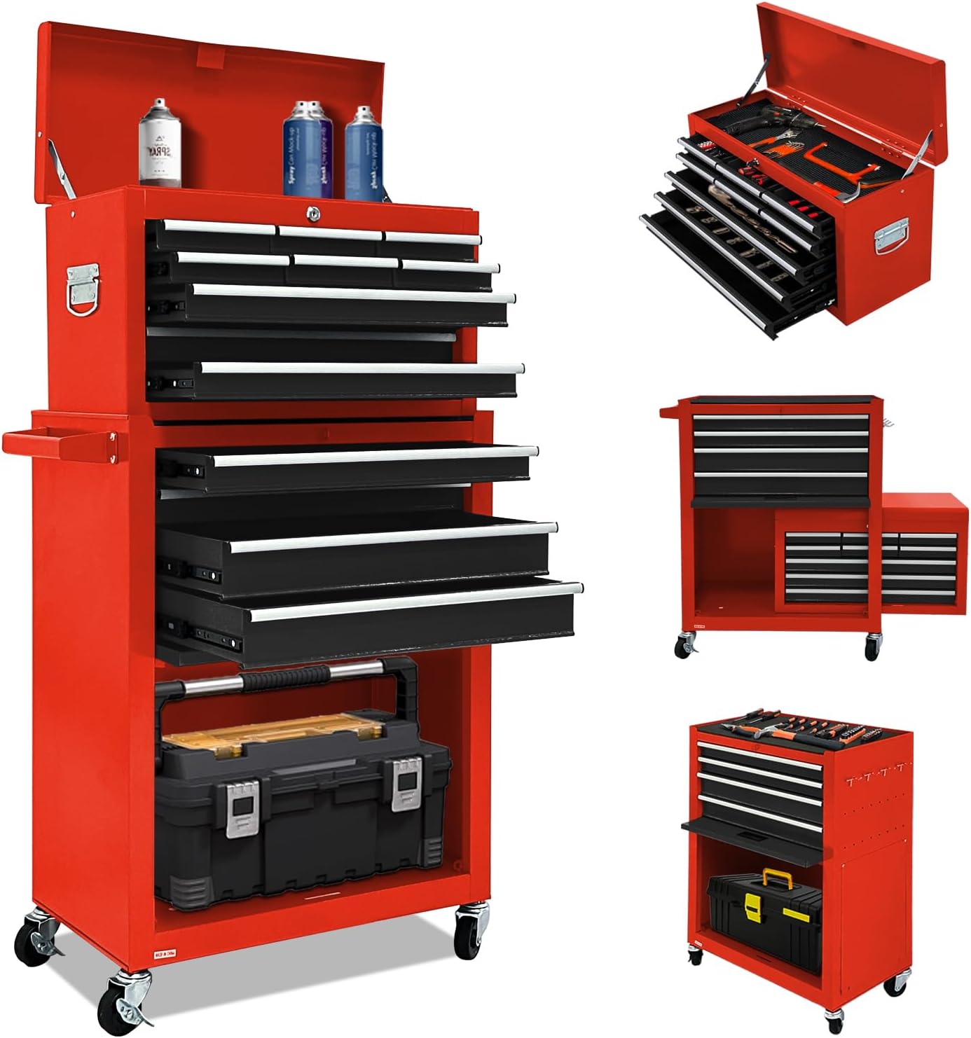 13-Drawer Tool Chest with Tool box and wheels, Large Detachable Toolbox with Sliding Drawers, Mechanic Storage Cabinets, Metal Tool Cart for Garage Workshop (BLACK&Red)
