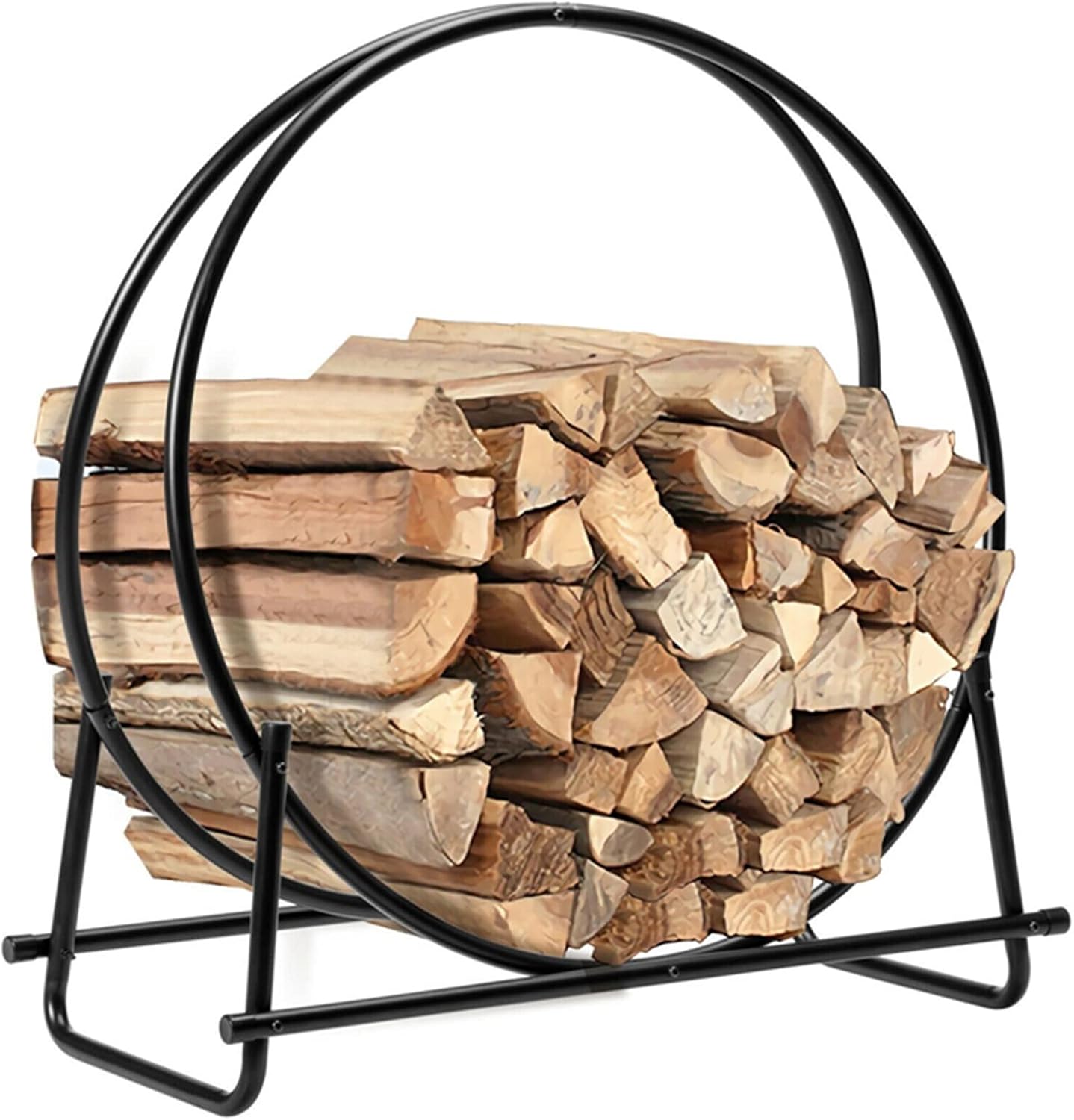 76cm Firewood Log Hoop Rack, Round Steel Wood Storage Holder for Outdoor Patio Deck Porch, Black Lumber Stacker