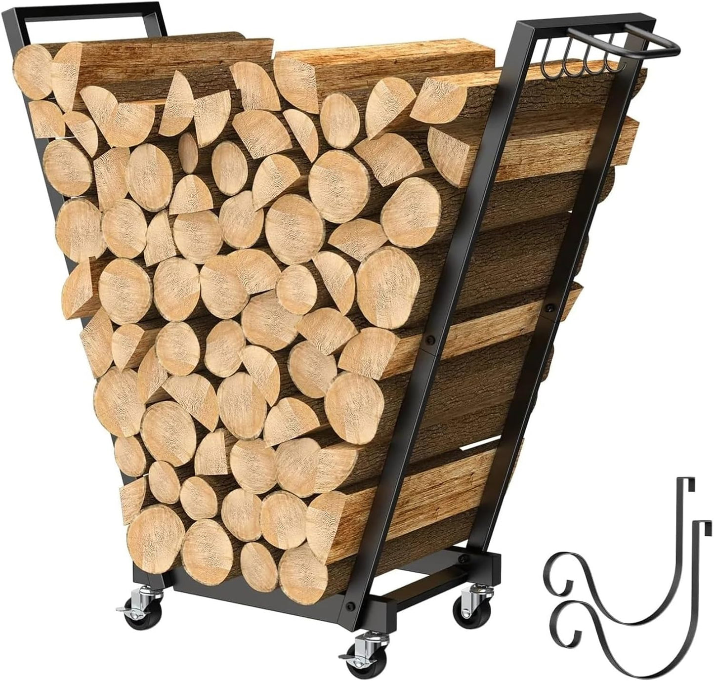 Fnacuody Firewood storage rack Mobile Firewood Rack Wheels Removable Kindling Shelf Rolling Log Holder Cart for Indoor\/Outdoor Use with Handle