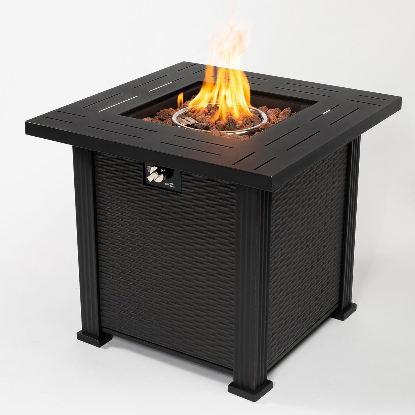 Outdoor Propane Gas Fire Pit Table, 50,000 BTU, 28-inch Square, Black Steel with Volcanic Stones