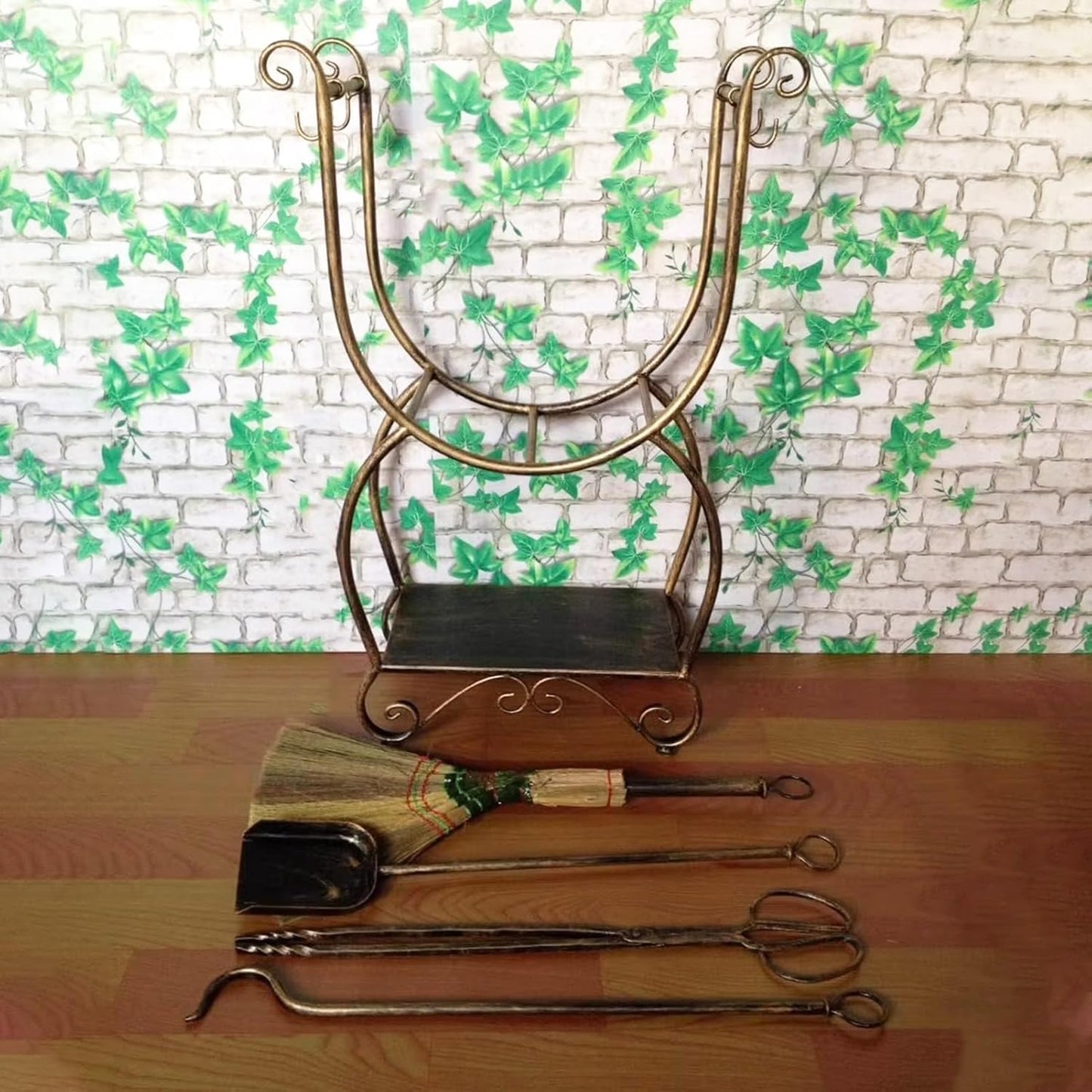 OREKPOT Firewood Rack Metal Firewood Rack Set, Indoor & Outdoor Fireside Wood Storage Organizer with 4 Fireplace Tools, Copper Log Holder, No Need to Install,Copper,Copper,Copper