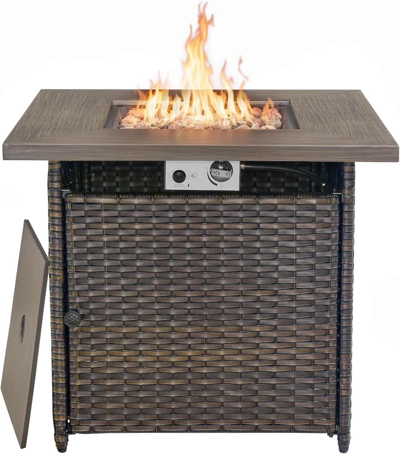 Outdoor Propane Fire Pit Table for Patio - 30-Inch Outside Wicker 50,000 BTU Gas Firepit Tables with Lava Rocks Waterproof Lid for Porch Glassroom Fireplace Garden Yard Apartment - Brown