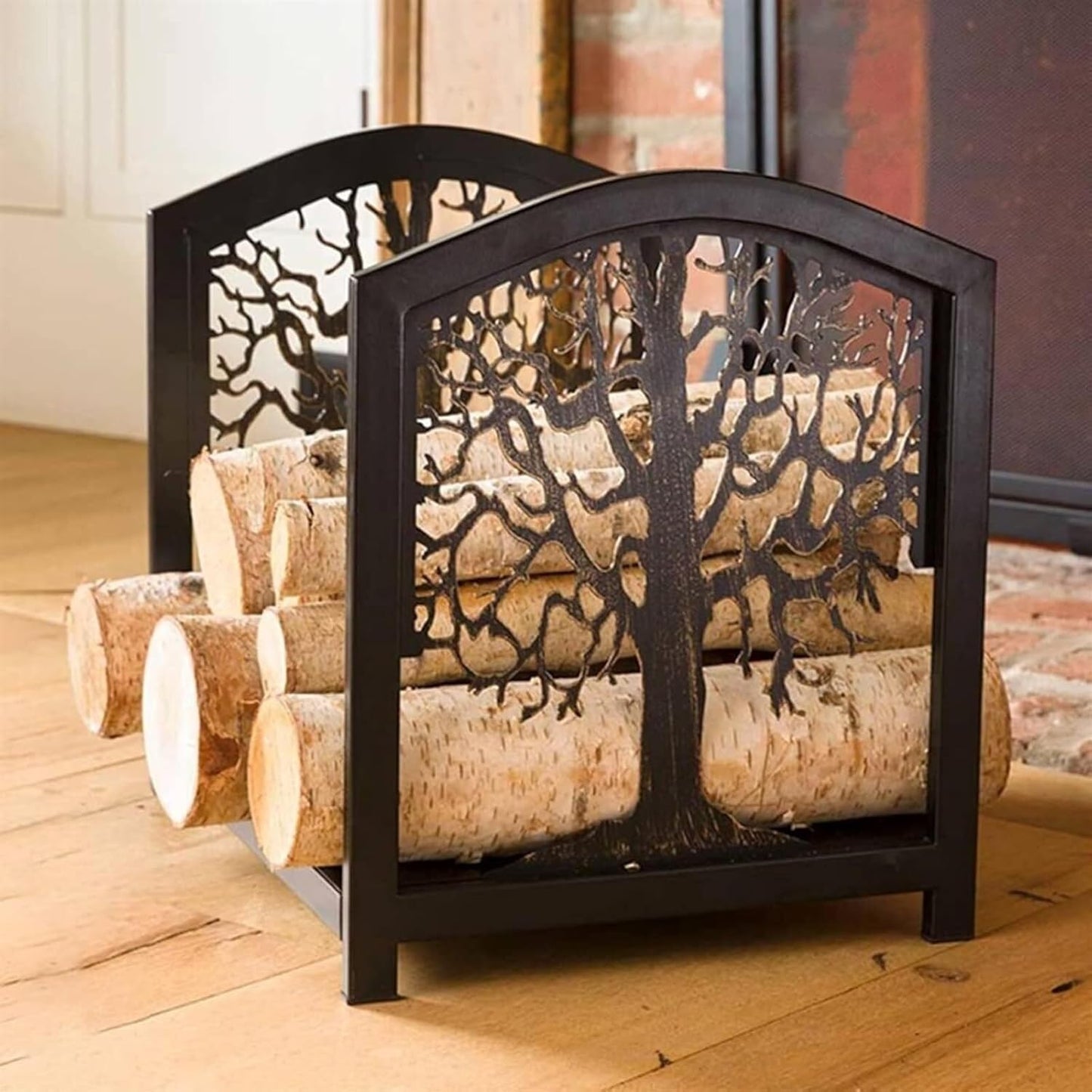 Firewood Log Holder With Tree Pattern, Heavy Duty Metal Firewood Rack, Indoor & Outdoor Wood Storage Stand