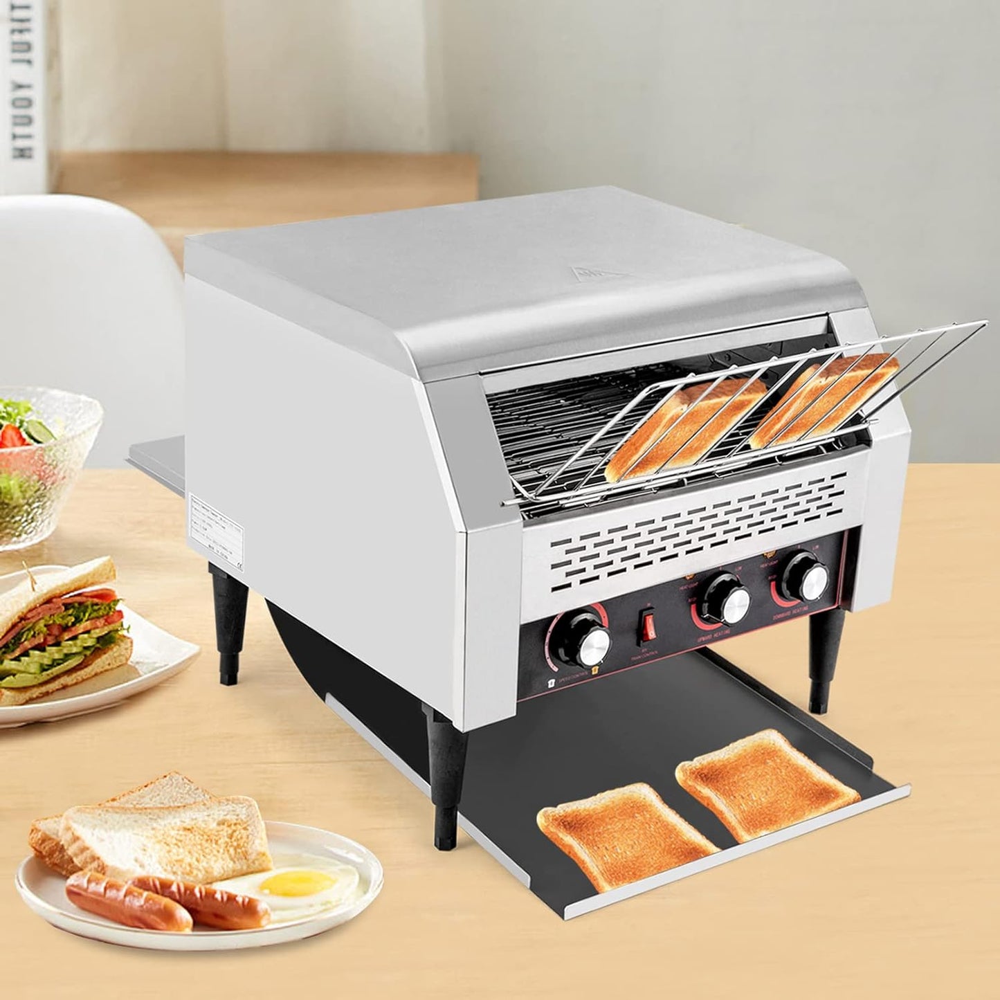 Commercial Conveyor Toaster, 2600W Stainless Steel Toasters with Three-ring Heating Tubes and Crumb Tray, Heavy Duty Countertop Electric Toaster for Bun Bagel Bread Silver 450 Slices/Hour