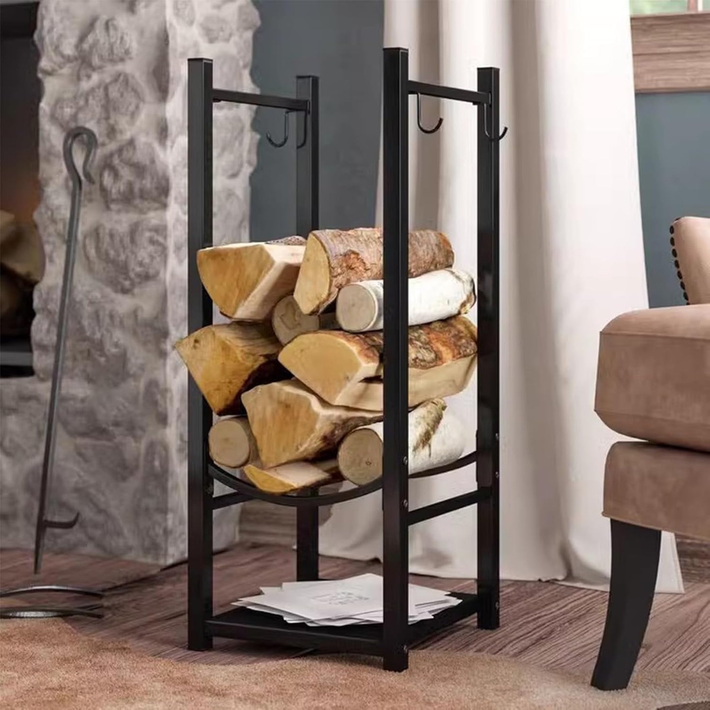 Log Holder Indoor Outdoor Metal Firewood Rack with 4 Hooks, Fireplace Firewood Storage Holder 2.7ft High, Heavy Duty Stove Log Rack Lumber Stocker Racks,