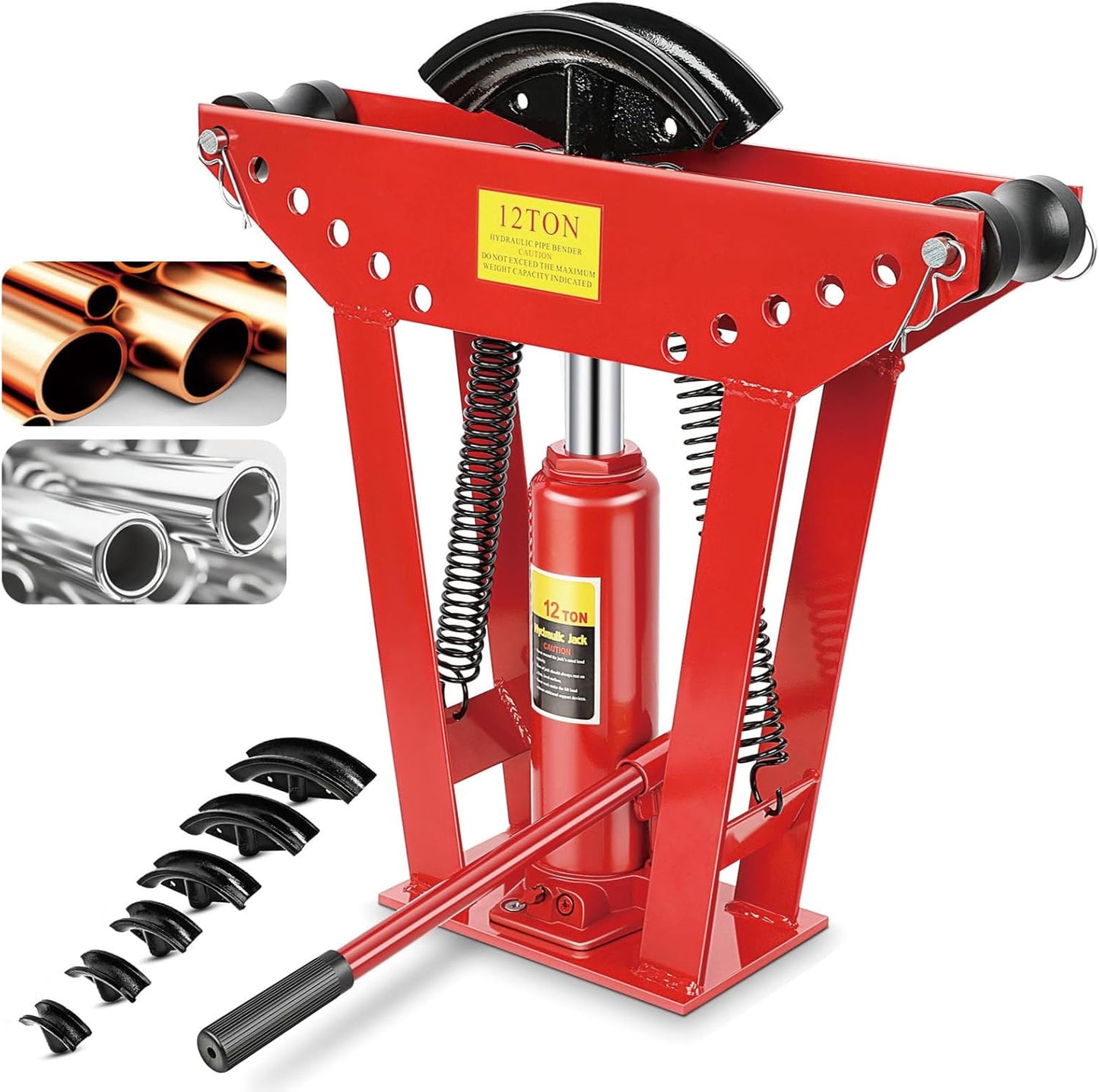 12 Ton Hydraulic Pipe Bender, Manual Copper Tubing Bender with 6 Dies (1/2",3/4",1",1-1/4",1-1/2",2"), 90°-180° Adjustable Rollers for Steel Iron Metal Ratcheting