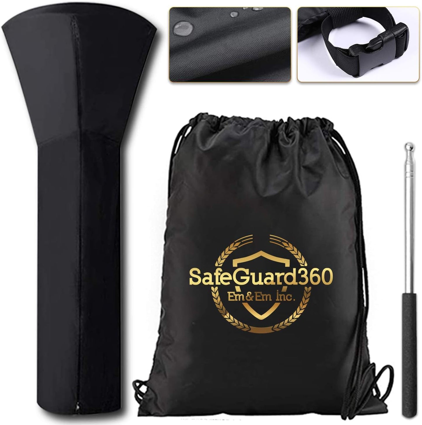 SafeGuard360 Patio Heater Cover Waterproof 420D Oxford Thickness, with Stainless Steel Telescopic Rod, and Storage Bag in Black (89in x 35in x 19in- Universal Fit for Outdoor Stand Up Heaters)