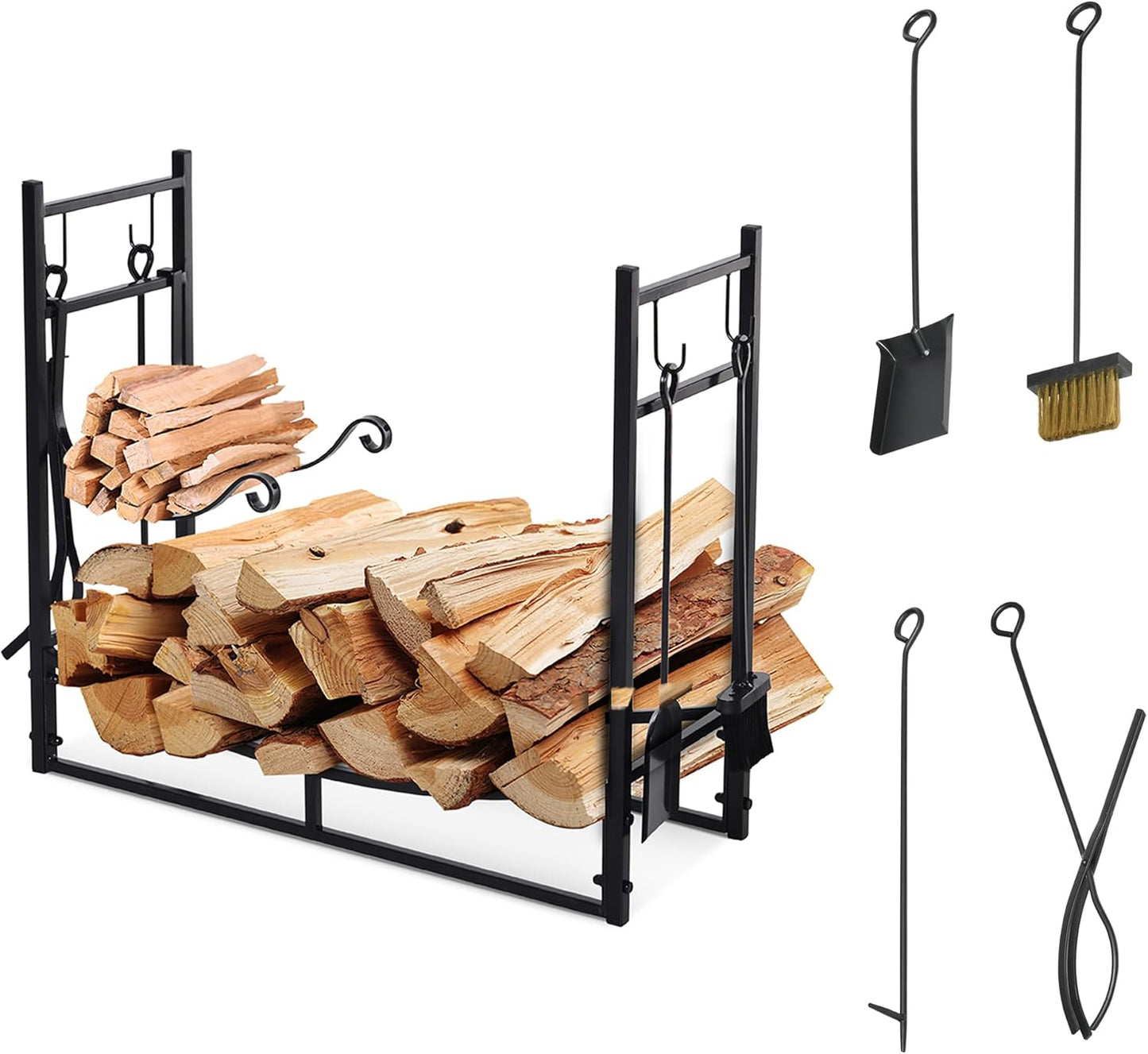 Indoor/Outdoor Firewood Rack with Fireplace Tools & Log Holder, Heavy-Duty 253lb Capacity