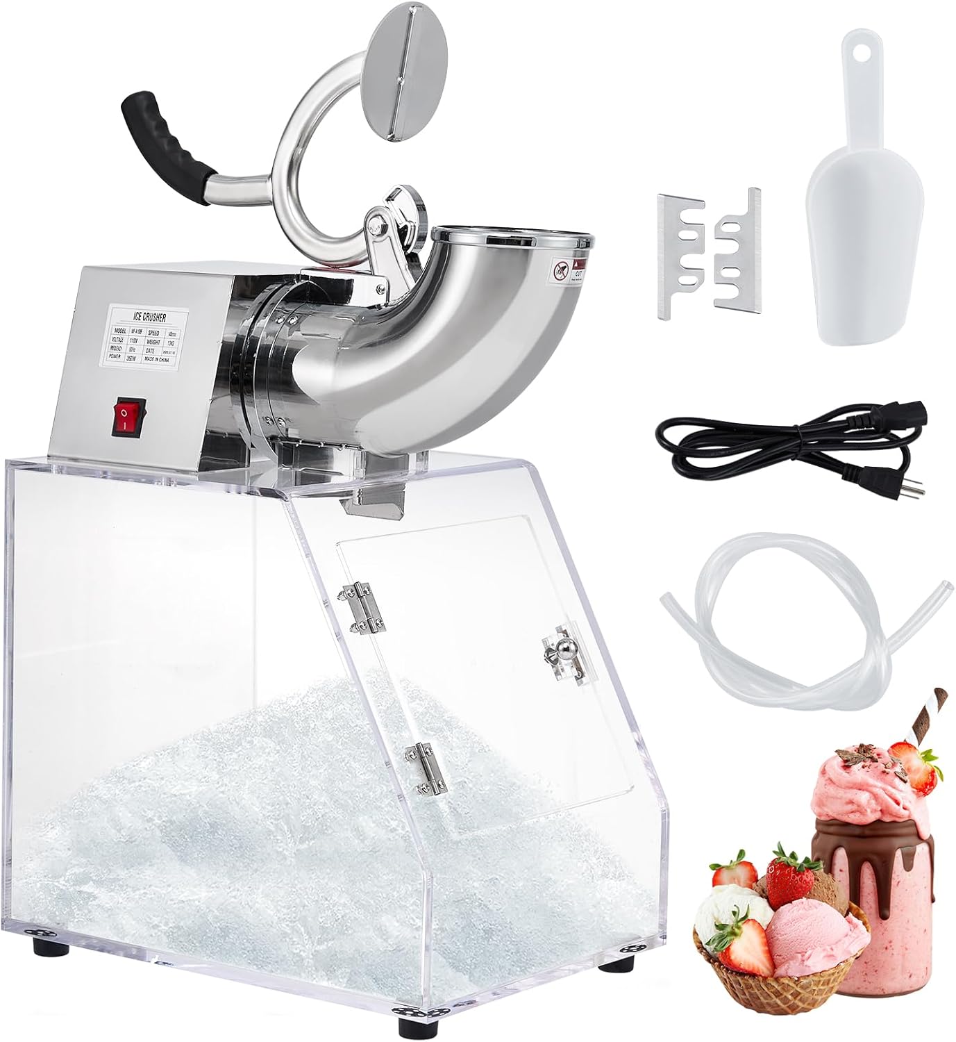 Commercial Shaved Ice, 440 Lbs/H Ice Crusher with Acrylic Box and Stainless Steel Dual Blades for Family Restaurants Bars Snow Cone Machine