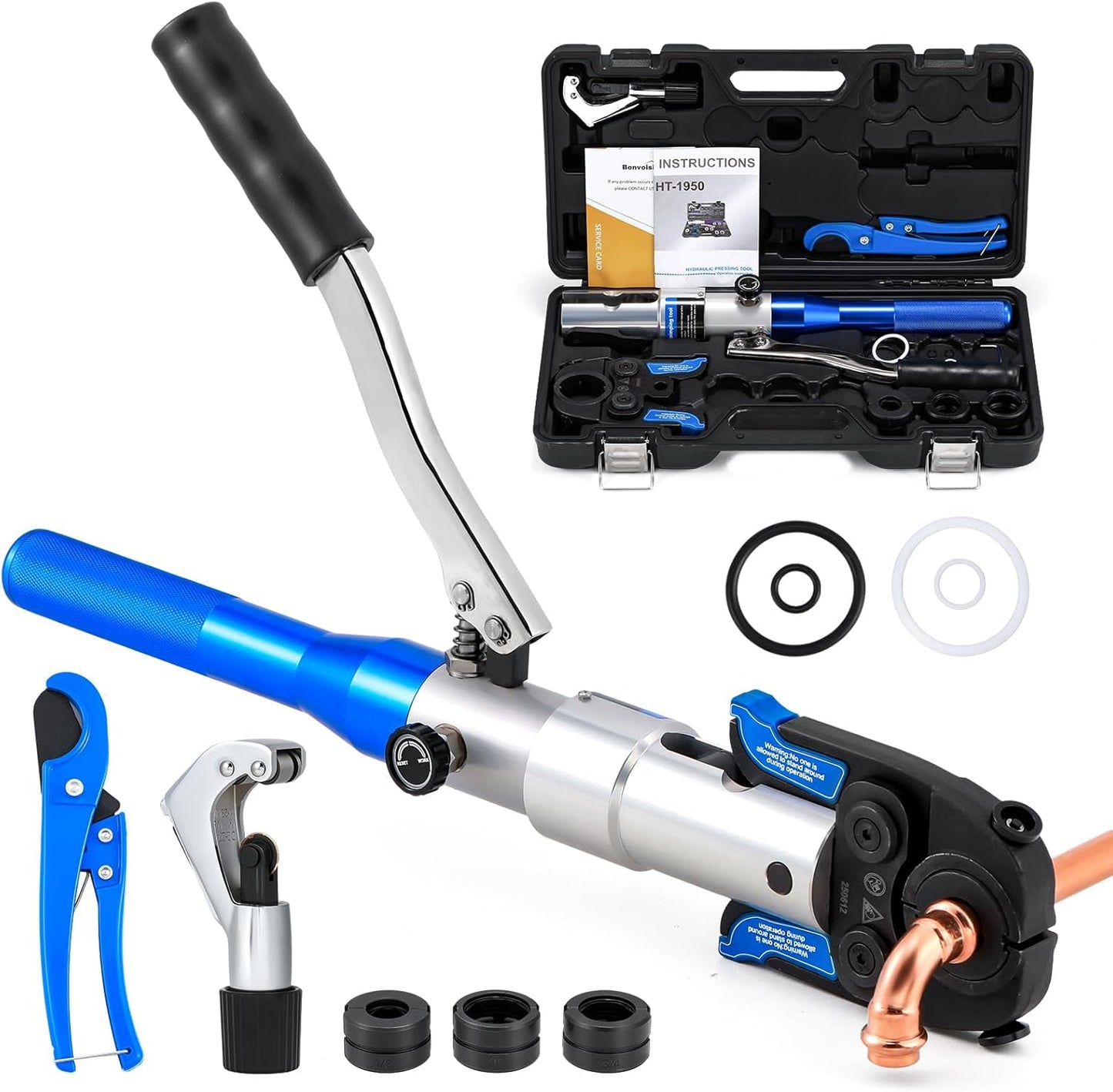 Bonvoisin Copper Pipe Crimping Tool, Hydraulic Crimping Tool With 1/2", 3/4", 1" Jaws, Copper Stainless Tube Fittings Propress Tool