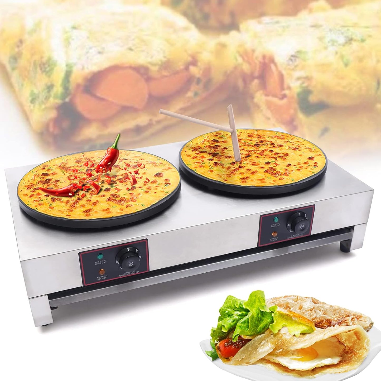 Commercial Electric Crepe Maker Machine, Double Burner Pancake Baking Machine Non-Stick Crepe Pan Hotplate for Tortilla Eggs Pancakes Blintzes Roti
