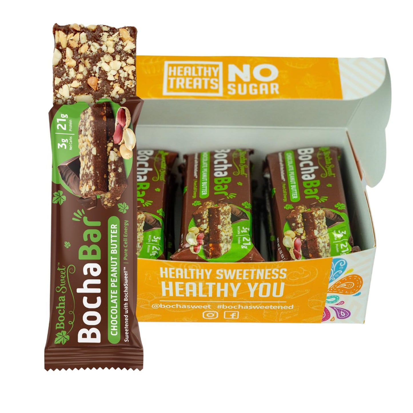 BochaSweet Keto Protein Bar, Chocolate Peanut Butter BochaBar, 21g Grass Fed Collagen, Low Carb, Keto-Friendly, Gluten Free, 12 Count