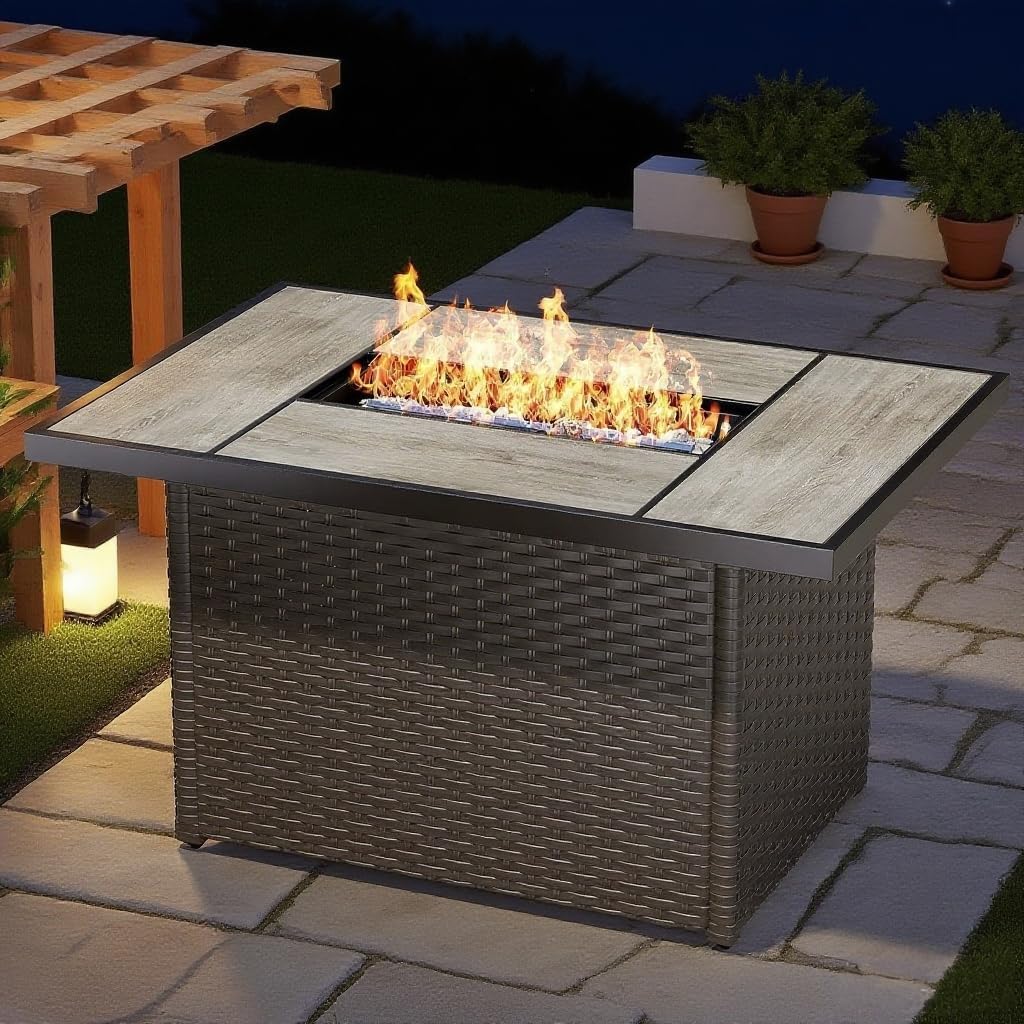 MOCHITO Outdoor 43" Gas Fire Pit Table 50,000 BTU Rectangle Propane Fire Pits with Steel Lid and Lava Rock Wicker Base for Backyard, Garden, Dining, Party for Outside Patio (Brown)(Tank not Included)