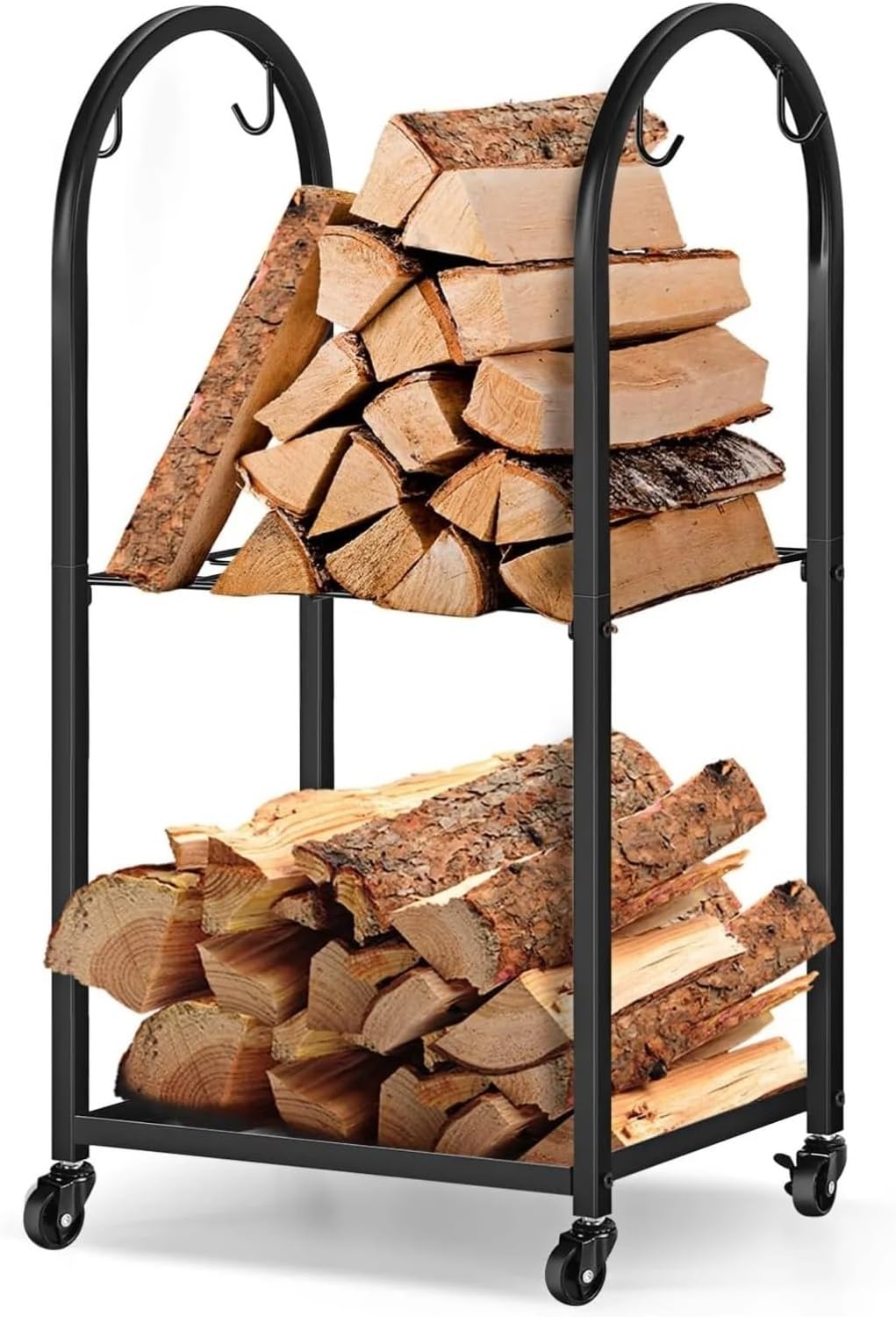 Fnacuody Firewood storage rack Mobile Firewood Rack Wheels 4 Hooks - Indoor\/Outdoor Log Holder for Fireplace, Patio, Stove, Black 52x32x85cm
