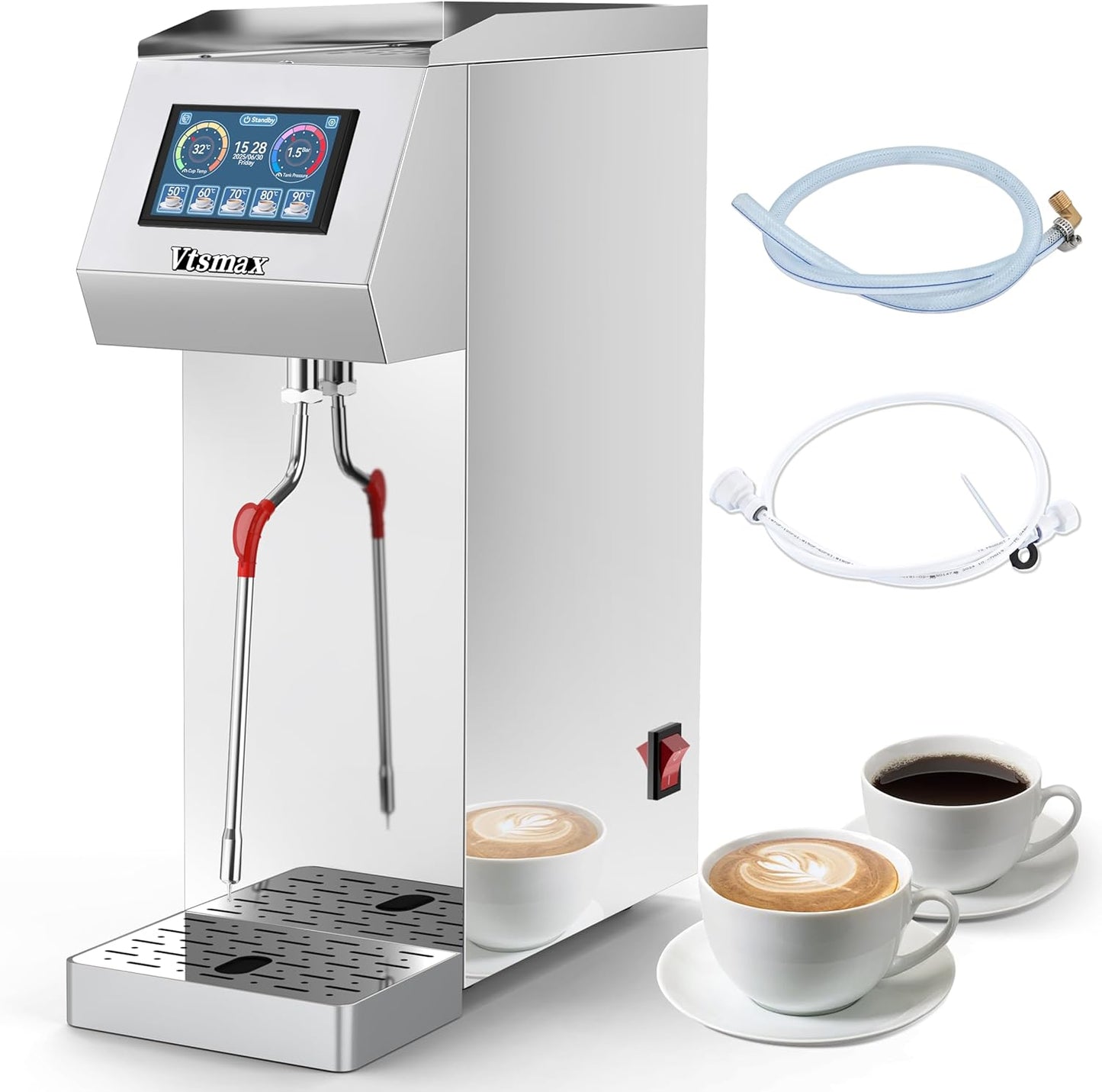 Commercial Milk Frother 2KW, Automatic Stainless Steel Steam Frother with Touch Control LED Display, 6 Temp Settings, External Water Bottle Compatible for Coffee Tea Shop (110-120V)